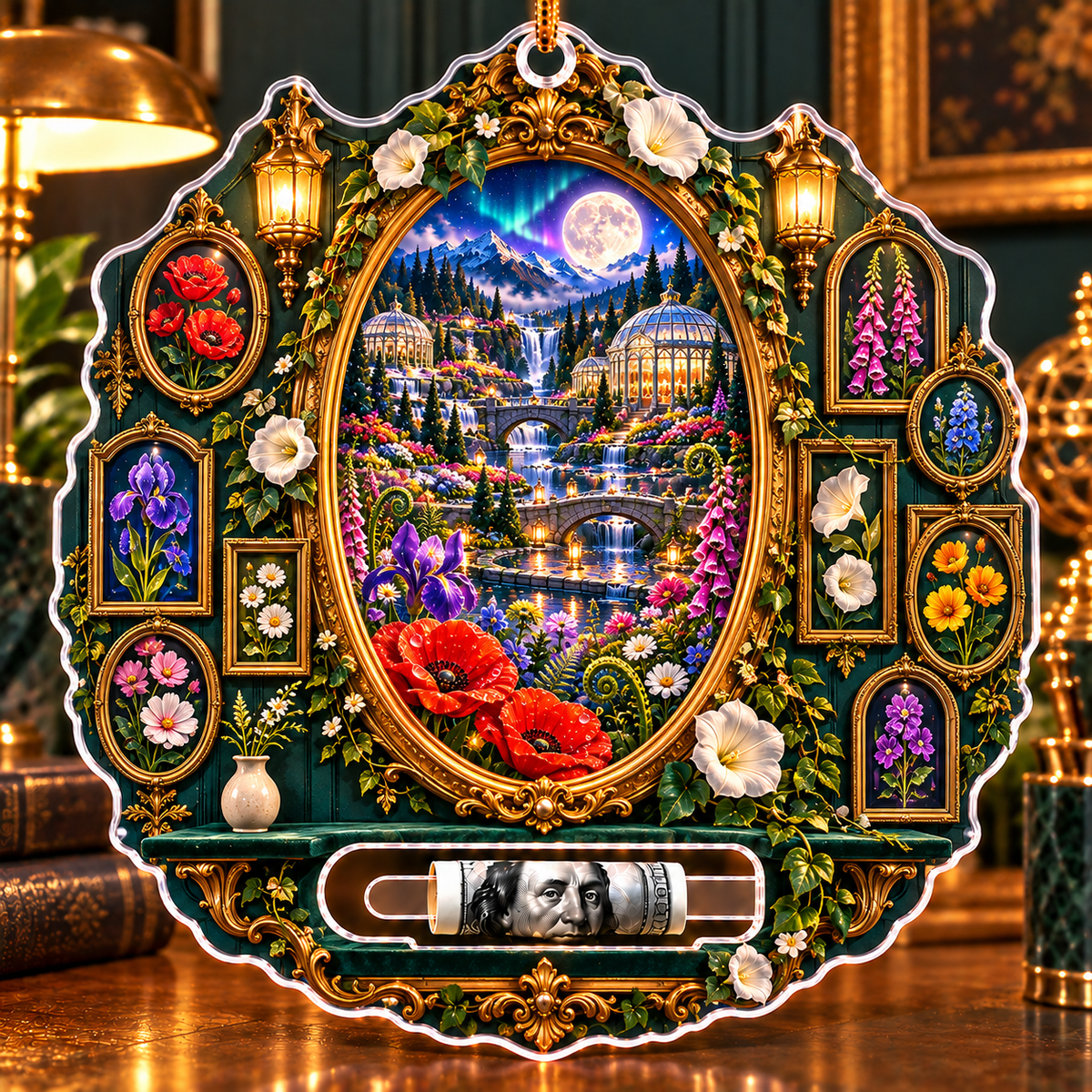 Gilded Meadow Salon Wall Acrylic Cash Holder Ornament with printed optical 3D artwork in its use setting