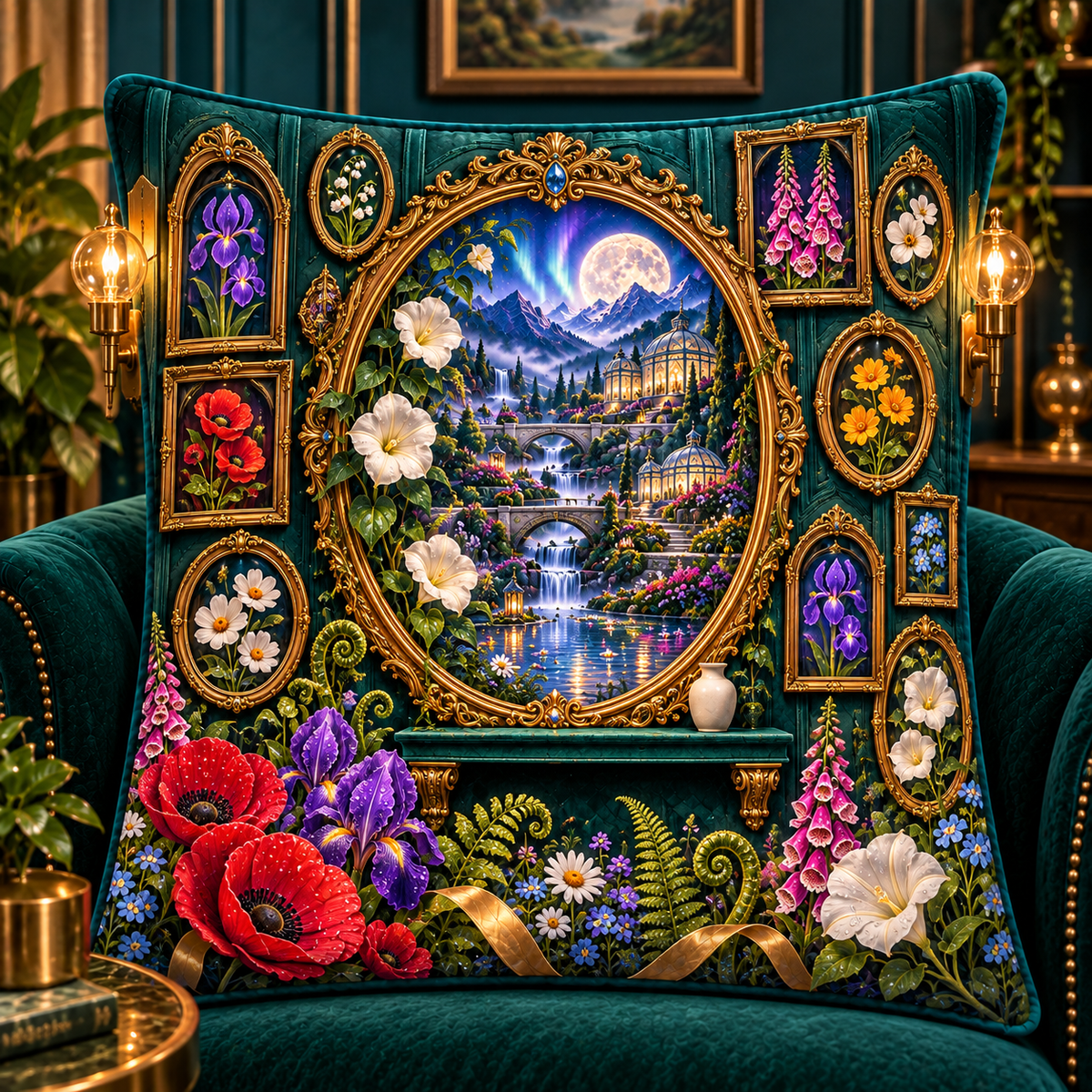 Gilded Meadow Salon Wall Quilted Cushion Cover with printed optical 3D artwork in its use setting