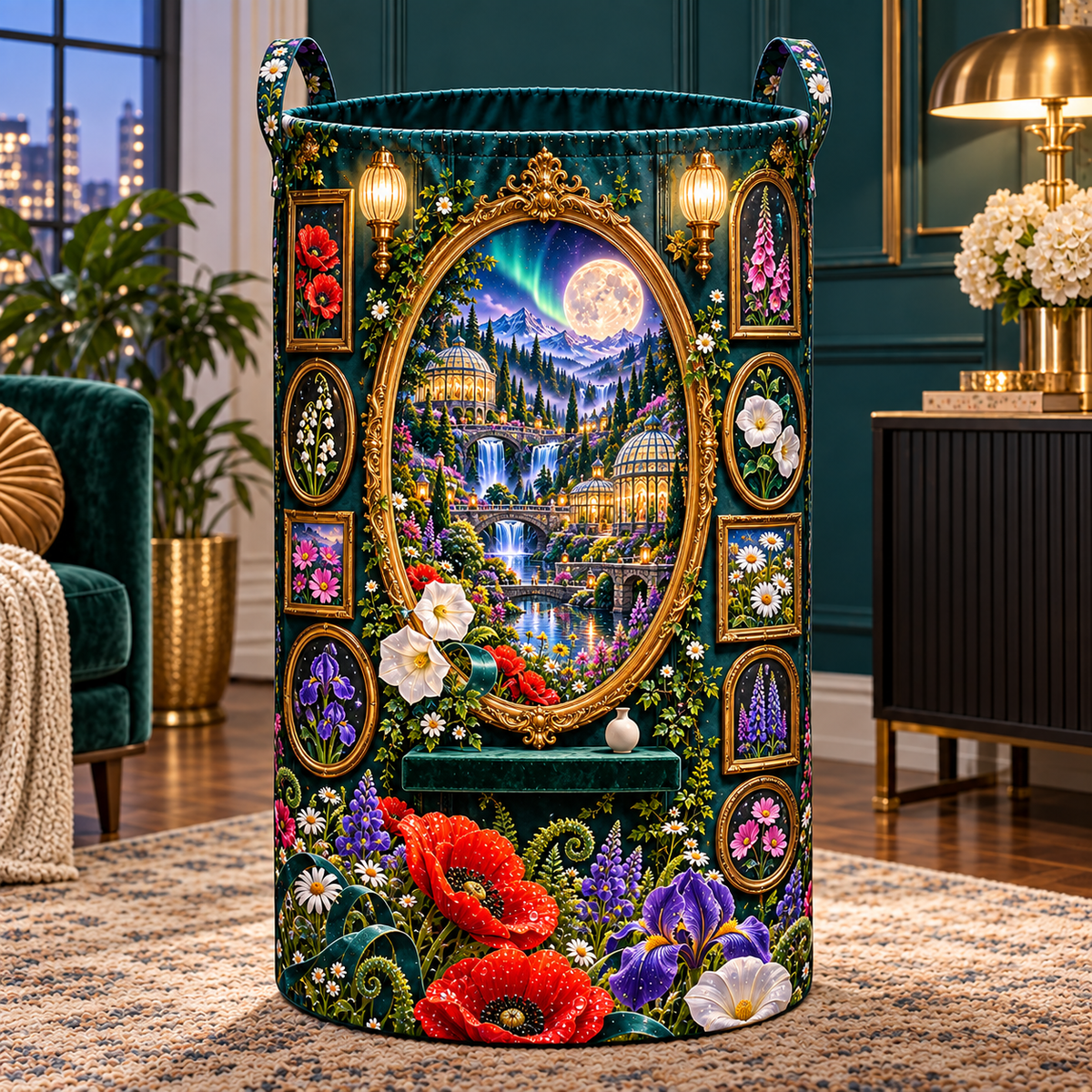 Gilded Meadow Salon Wall Laundry Hamper with printed optical 3D artwork in its use setting