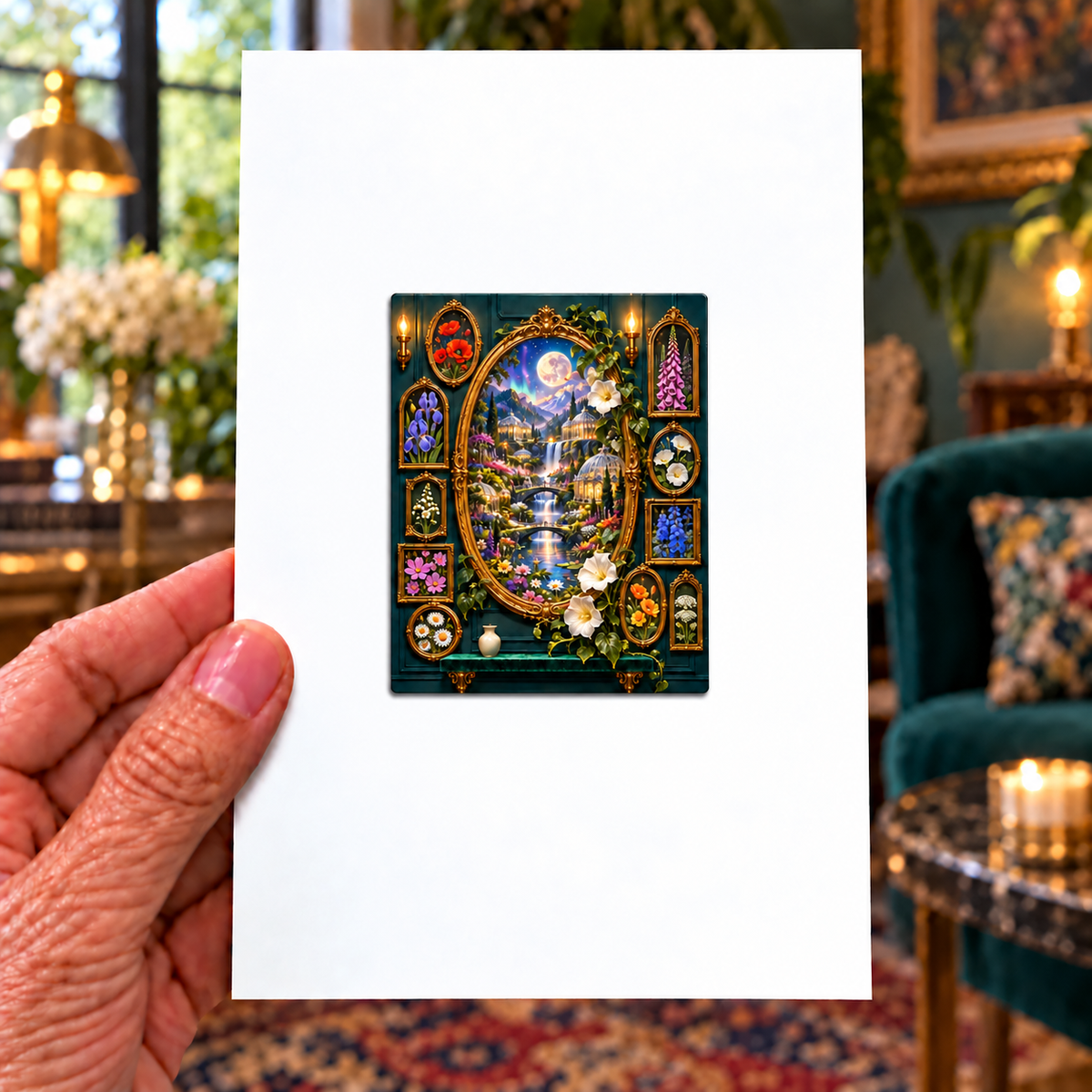 Gilded Meadow Salon Wall Acrylic Refrigerator Magnet with printed optical 3D artwork in its use setting