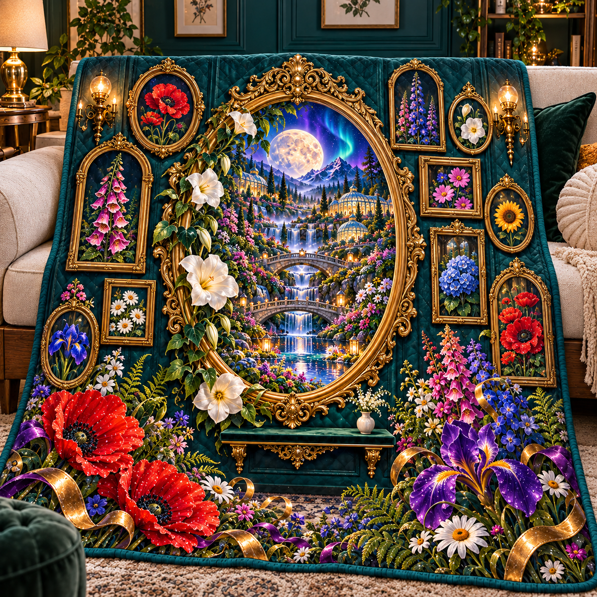 Gilded Meadow Salon Wall Quilt Blanket with printed optical 3D artwork in its use setting