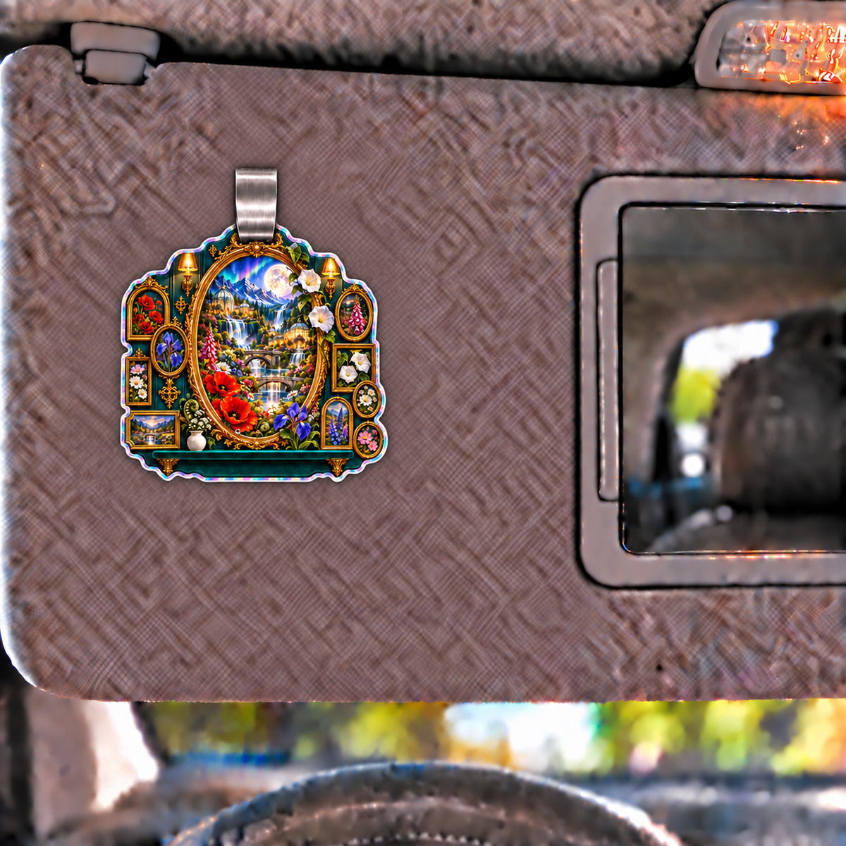 Gilded Meadow Salon Wall Holographic Car Visor Clip with printed optical 3D artwork in its use setting