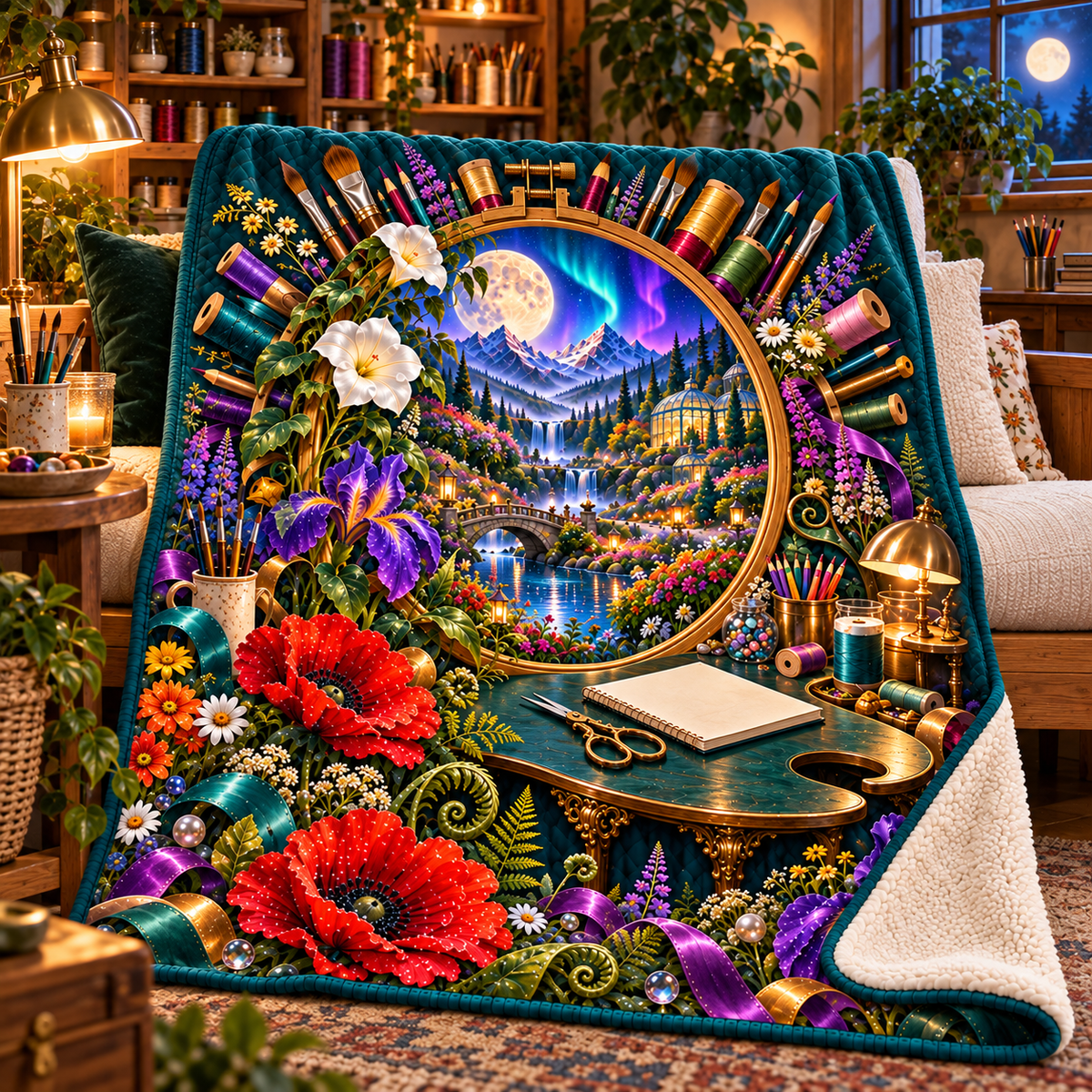 Wildloom Maker Atelier Sherpa & Fleece Blanket with printed optical 3D artwork in its use setting