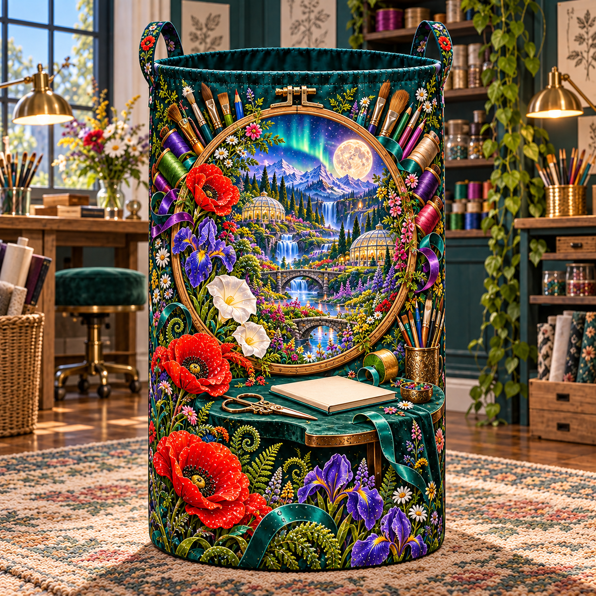 Wildloom Maker Atelier Laundry Hamper with printed optical 3D artwork in its use setting
