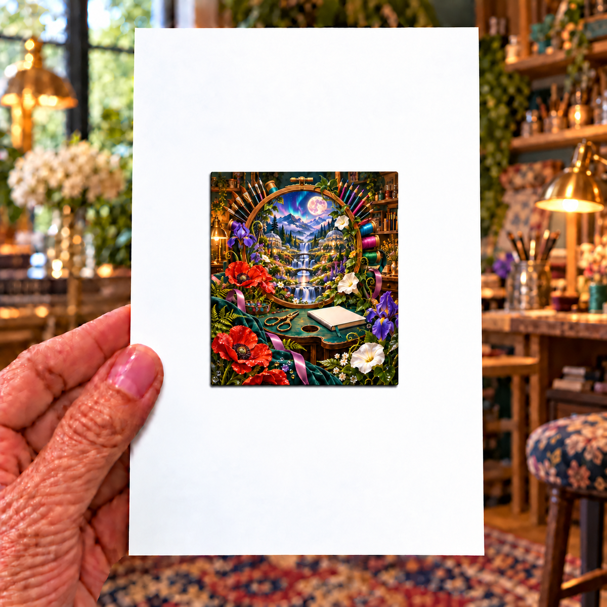 Wildloom Maker Atelier Acrylic Refrigerator Magnet with printed optical 3D artwork in its use setting