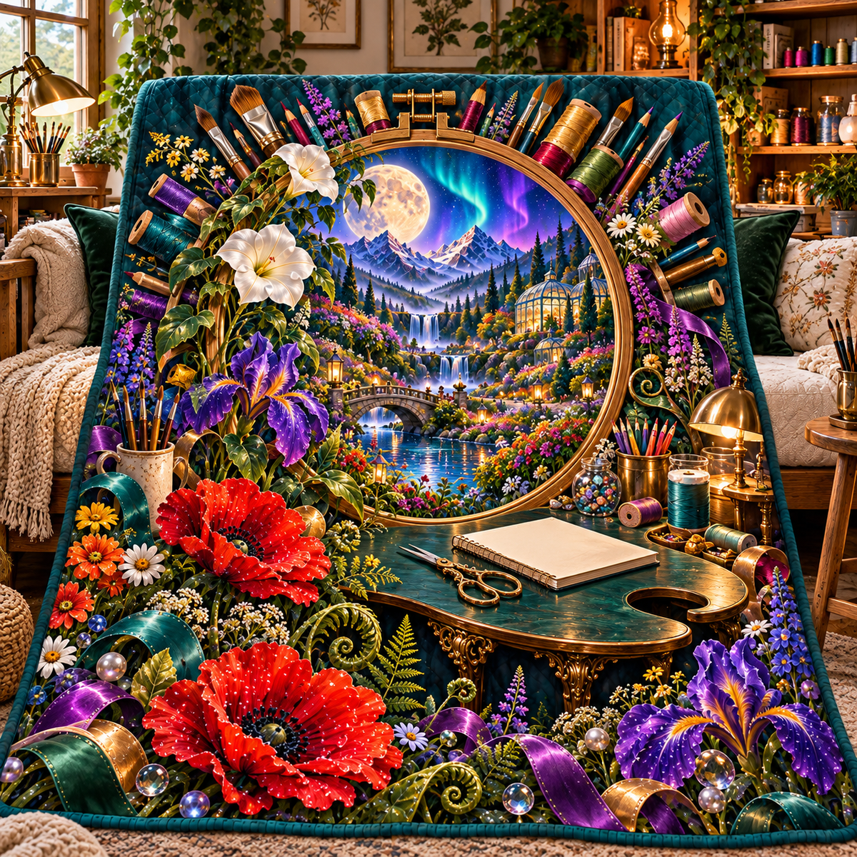 Wildloom Maker Atelier Quilt Blanket with printed optical 3D artwork in its use setting