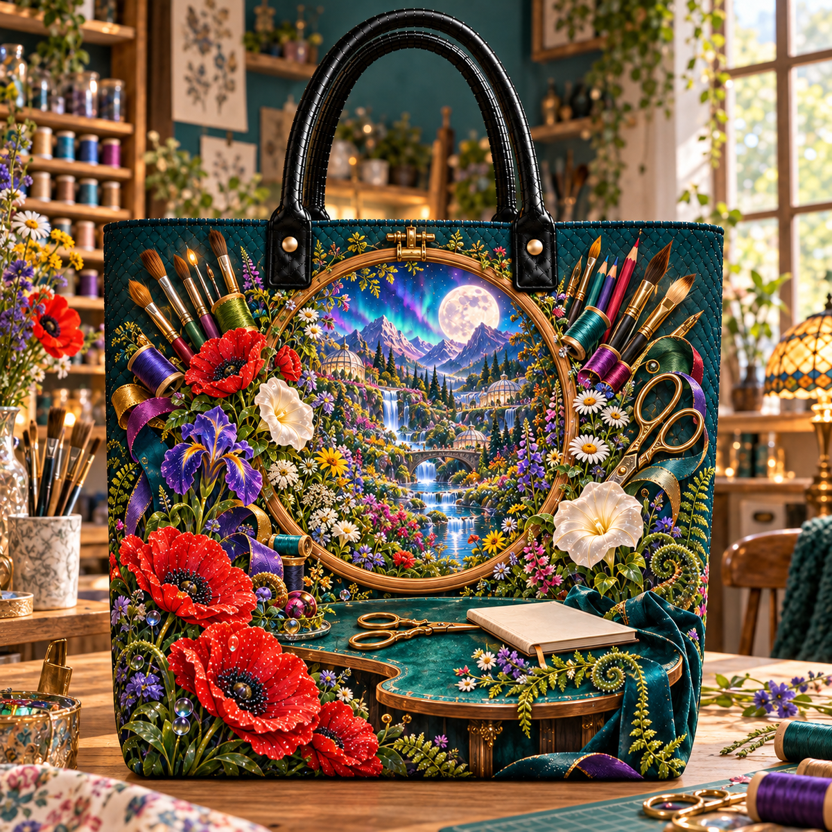 Wildloom Maker Atelier Quilted Tote Bag with printed optical 3D artwork in its use setting