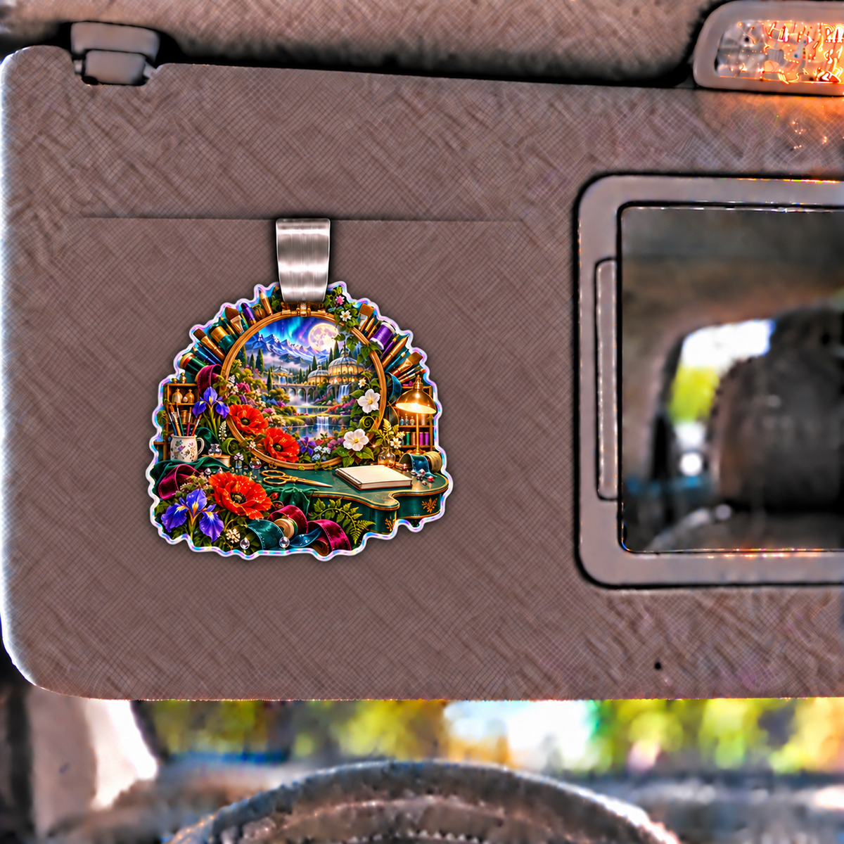 Wildloom Maker Atelier Holographic Car Visor Clip with printed optical 3D artwork in its use setting