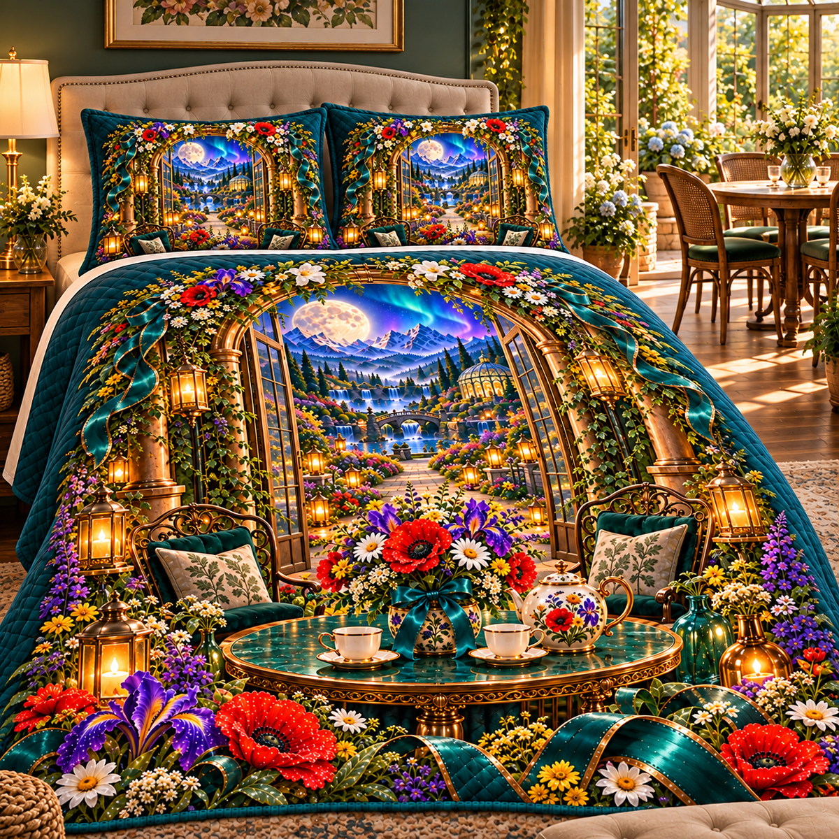 Meadowlight Welcome Table Quilted Bedding Set with printed optical 3D artwork in its use setting