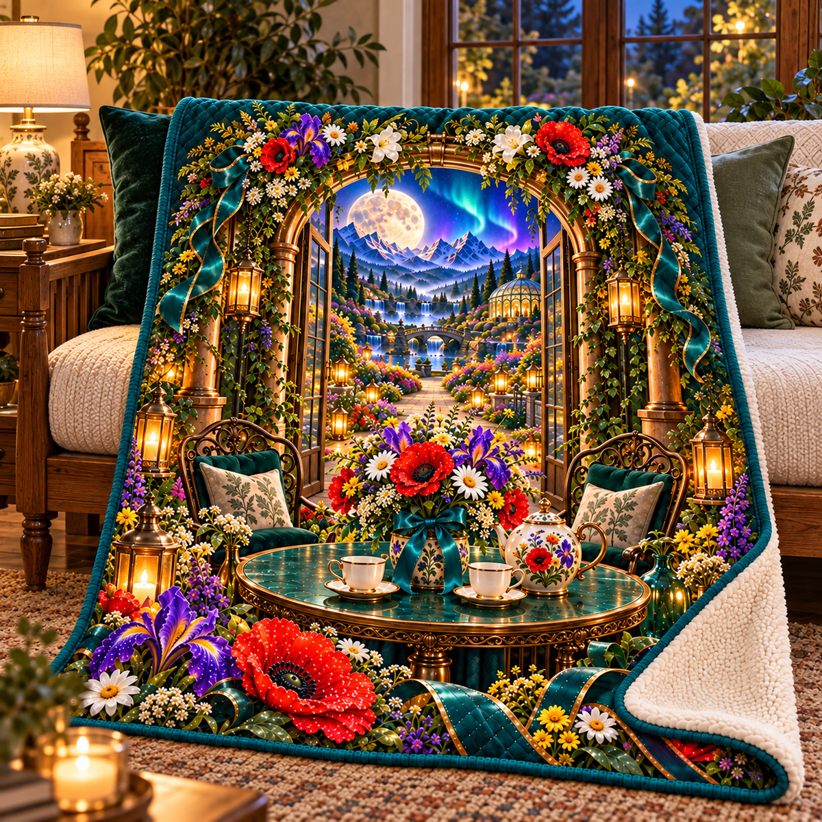 Meadowlight Welcome Table Sherpa & Fleece Blanket with printed optical 3D artwork in its use setting