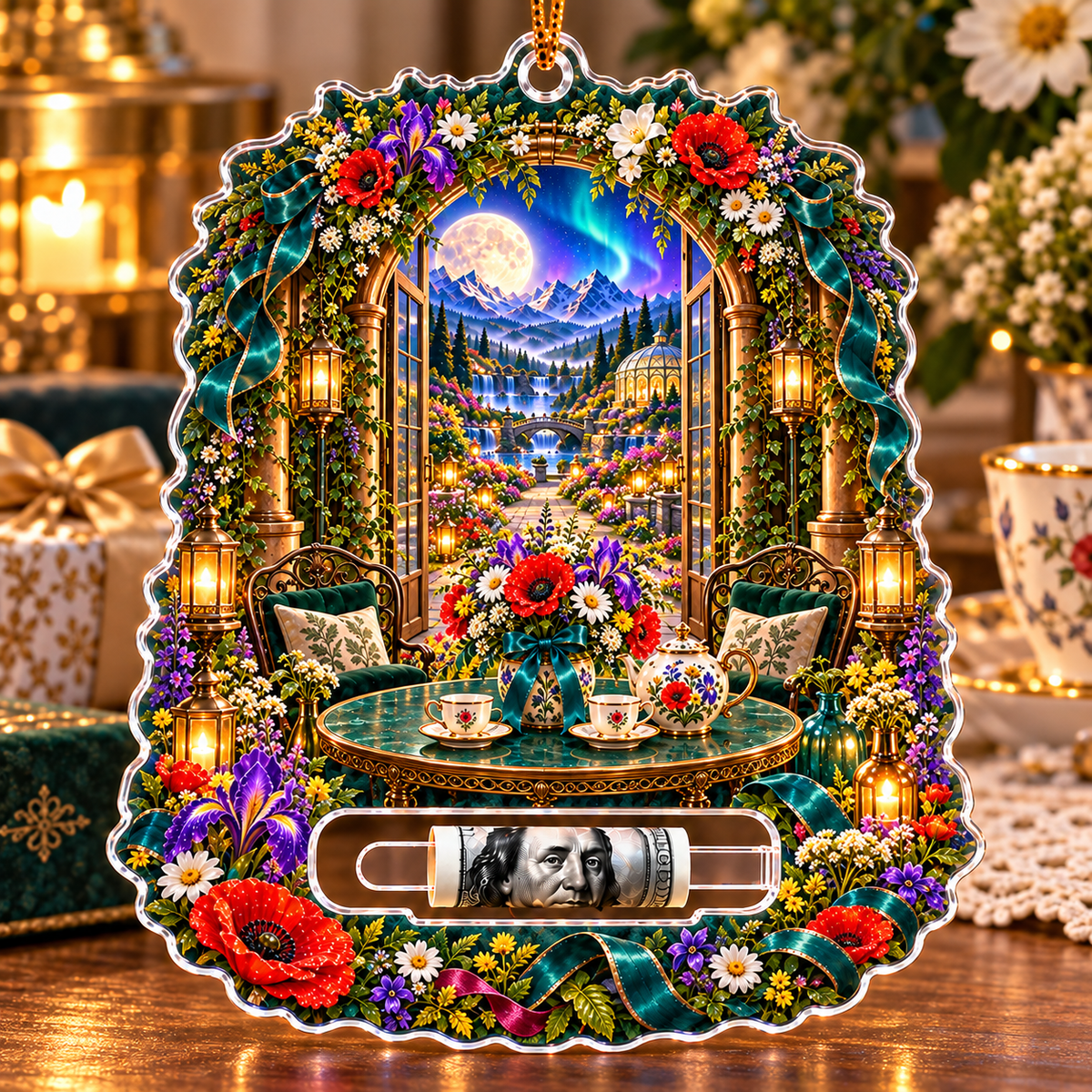 Meadowlight Welcome Table Acrylic Cash Holder Ornament with printed optical 3D artwork in its use setting