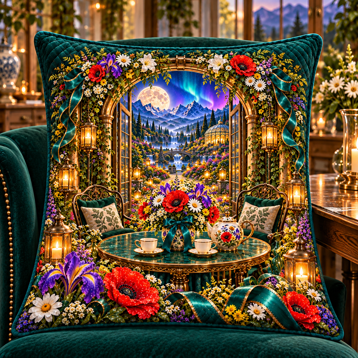 Meadowlight Welcome Table Quilted Cushion Cover with printed optical 3D artwork in its use setting
