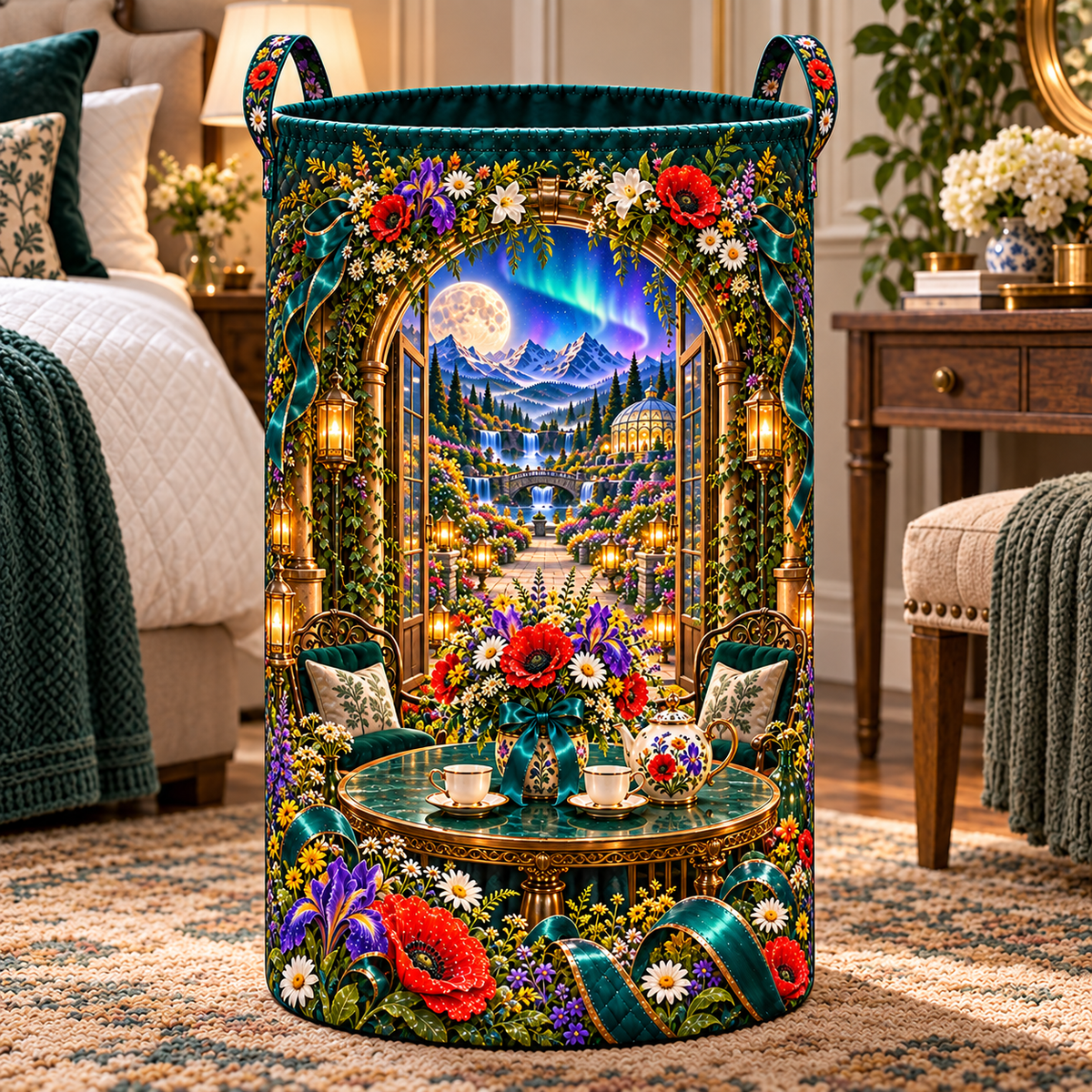 Meadowlight Welcome Table Laundry Hamper with printed optical 3D artwork in its use setting