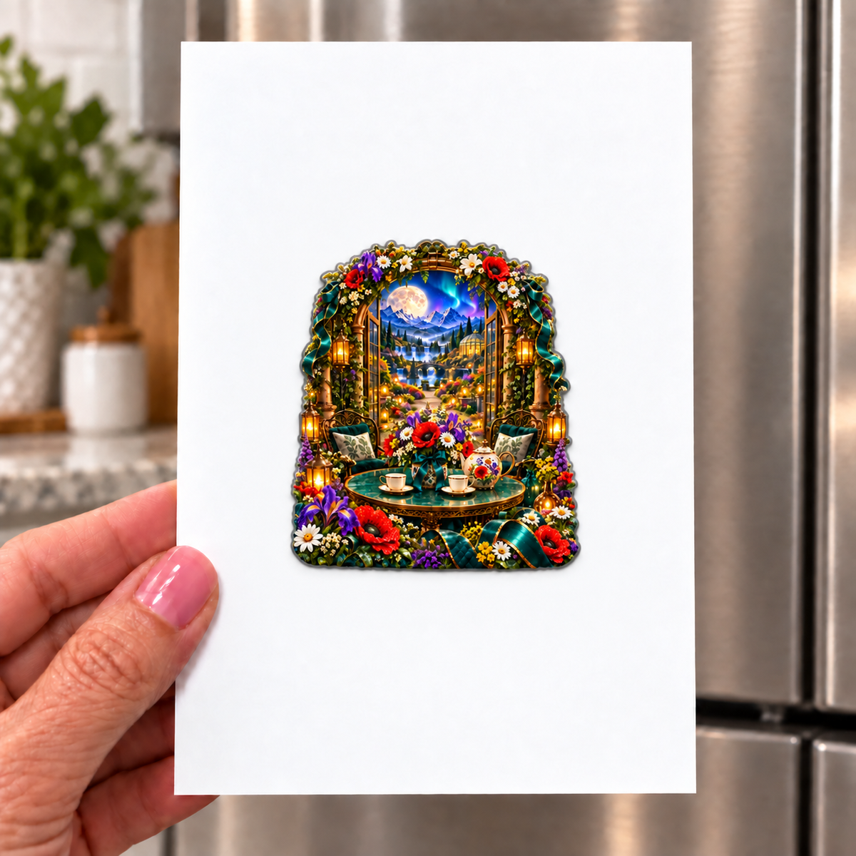 Meadowlight Welcome Table Acrylic Refrigerator Magnet with printed optical 3D artwork in its use setting