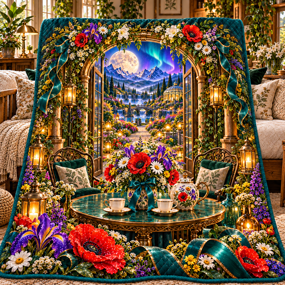 Meadowlight Welcome Table Quilt Blanket with printed optical 3D artwork in its use setting