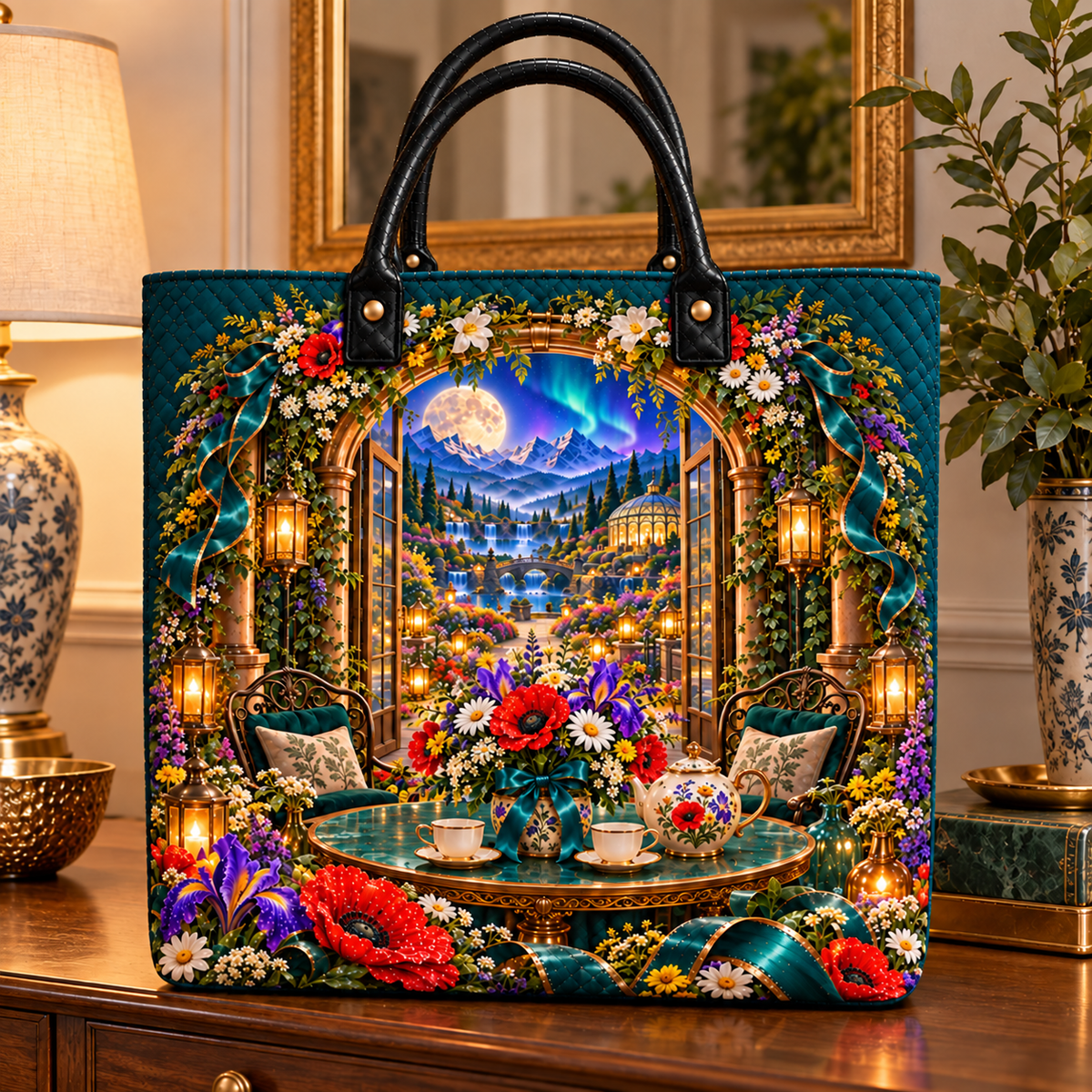 Meadowlight Welcome Table Quilted Tote Bag with printed optical 3D artwork in its use setting