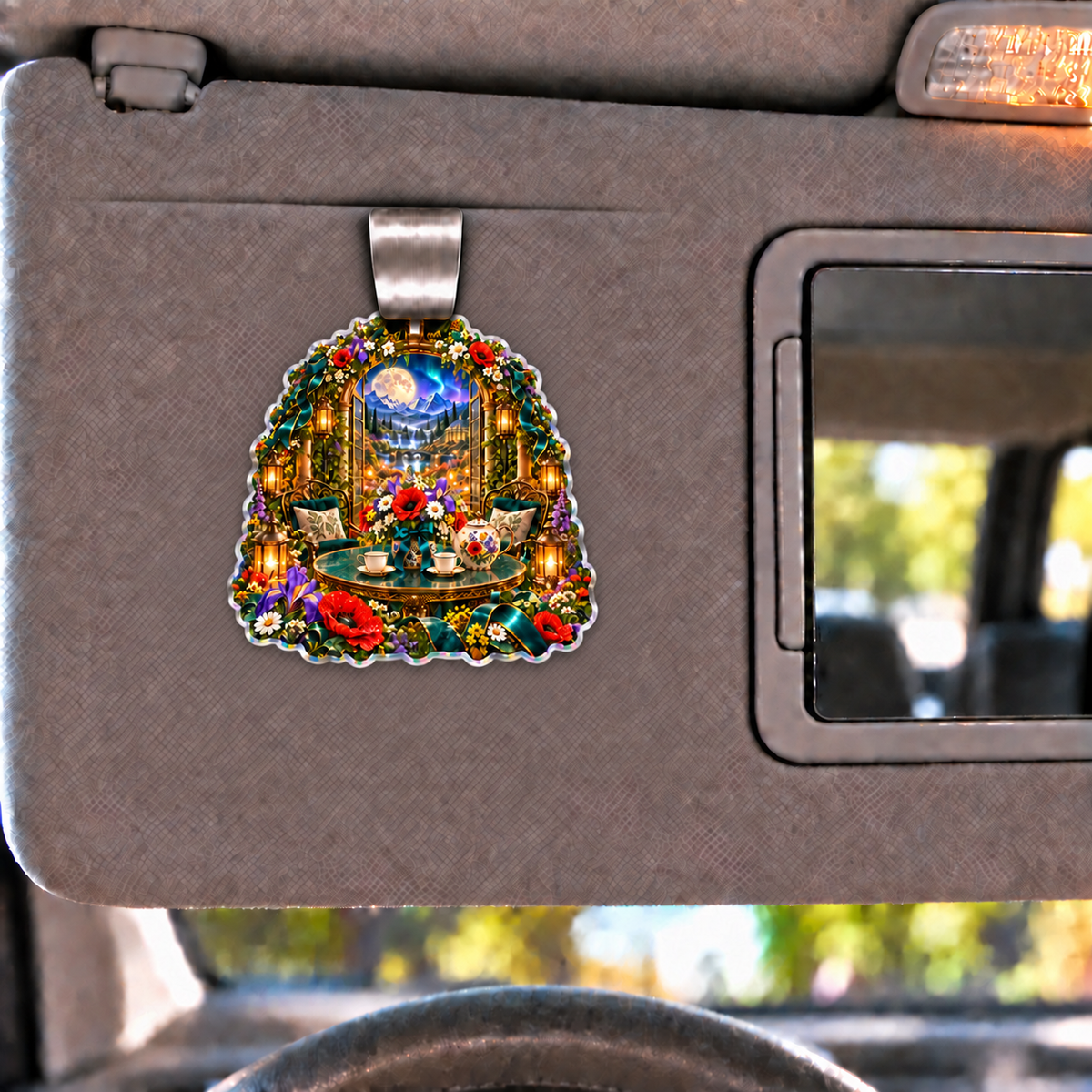 Meadowlight Welcome Table Holographic Car Visor Clip with printed optical 3D artwork in its use setting