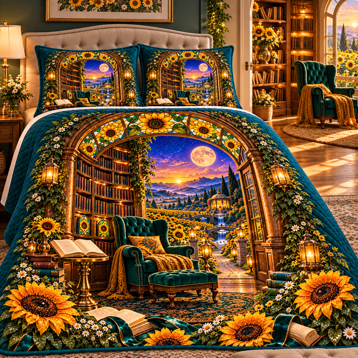Sunlit Story Alcove Quilted Bedding Set with printed optical 3D artwork in its use setting