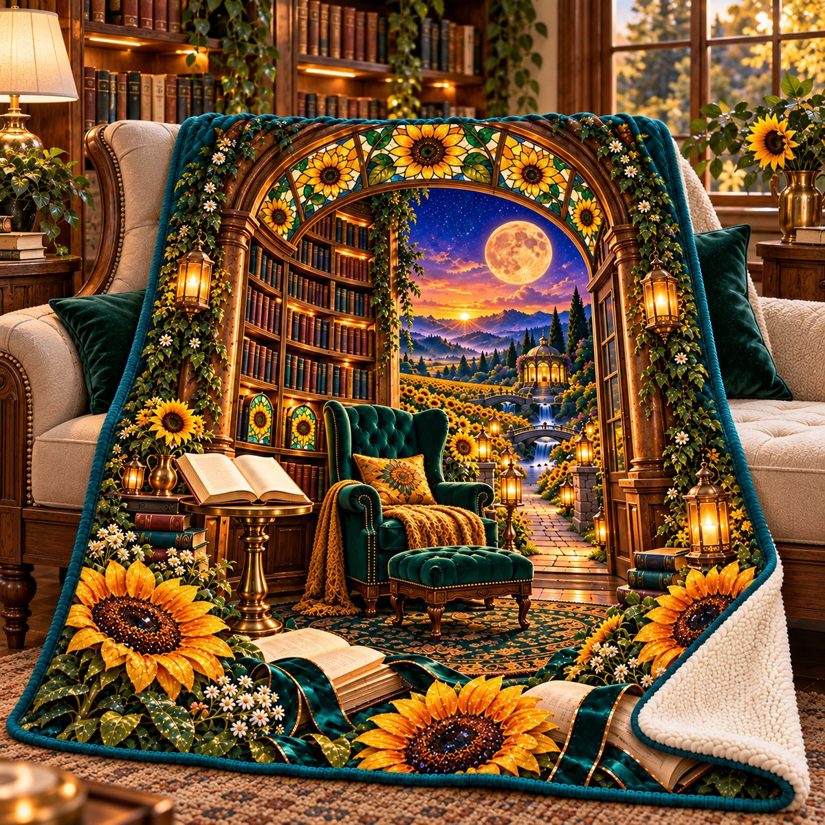 Sunlit Story Alcove Sherpa & Fleece Blanket with printed optical 3D artwork in its use setting