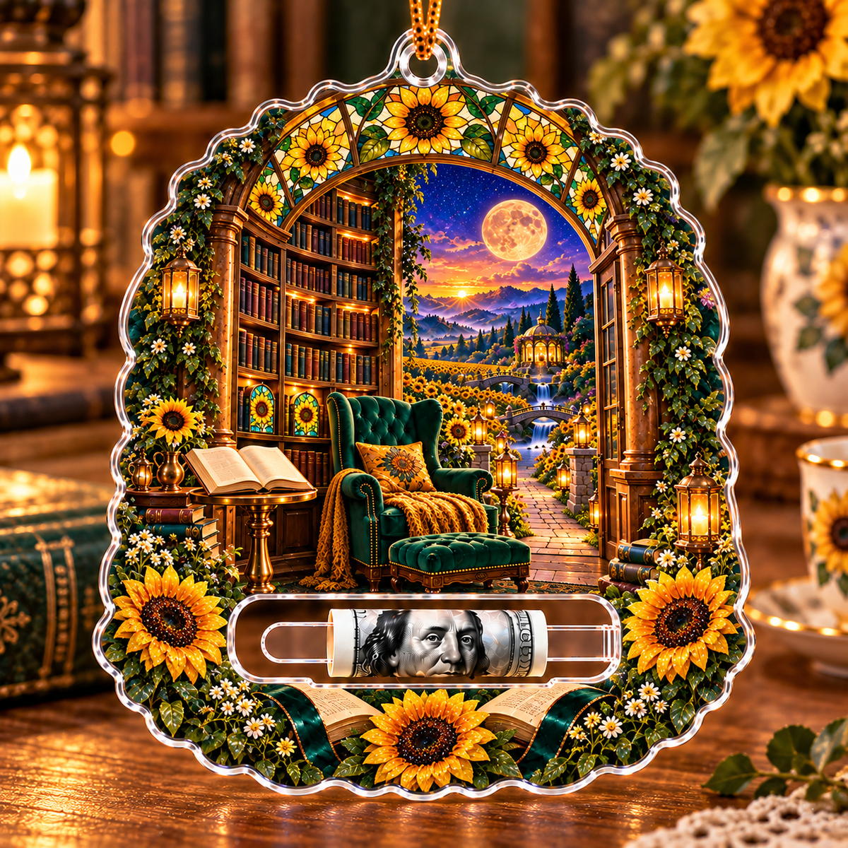 Sunlit Story Alcove Acrylic Cash Holder Ornament with printed optical 3D artwork in its use setting