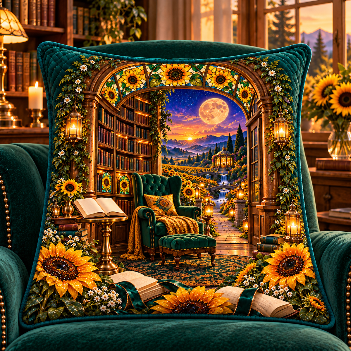 Sunlit Story Alcove Quilted Cushion Cover with printed optical 3D artwork in its use setting
