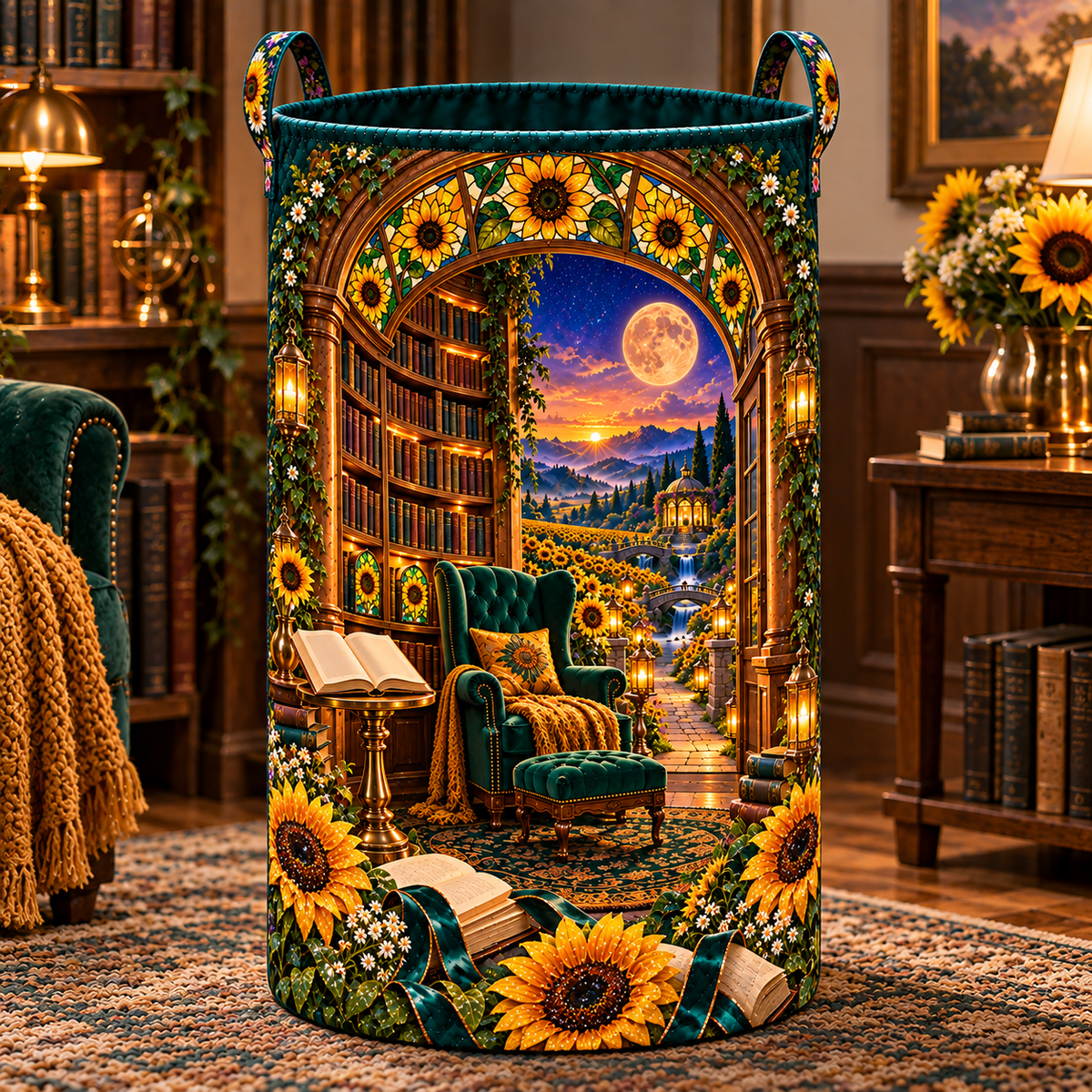 Sunlit Story Alcove Laundry Hamper with printed optical 3D artwork in its use setting