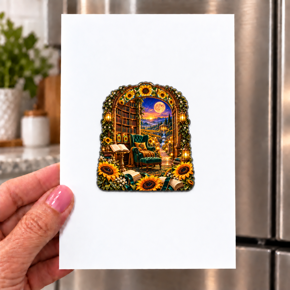 Sunlit Story Alcove Acrylic Refrigerator Magnet with printed optical 3D artwork in its use setting