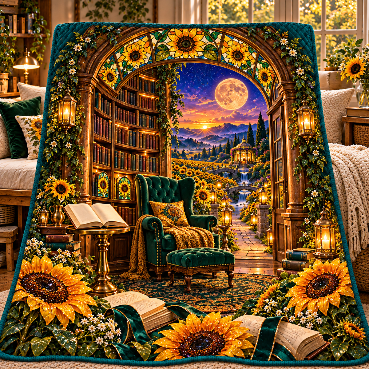 Sunlit Story Alcove Quilt Blanket with printed optical 3D artwork in its use setting