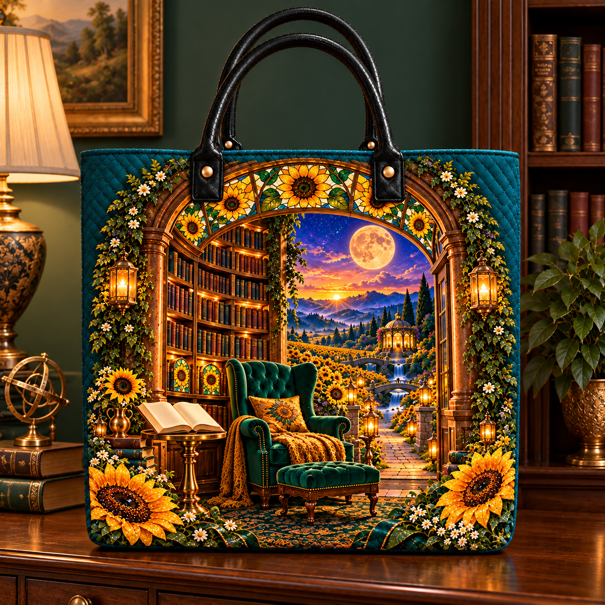 Sunlit Story Alcove Quilted Tote Bag with printed optical 3D artwork in its use setting
