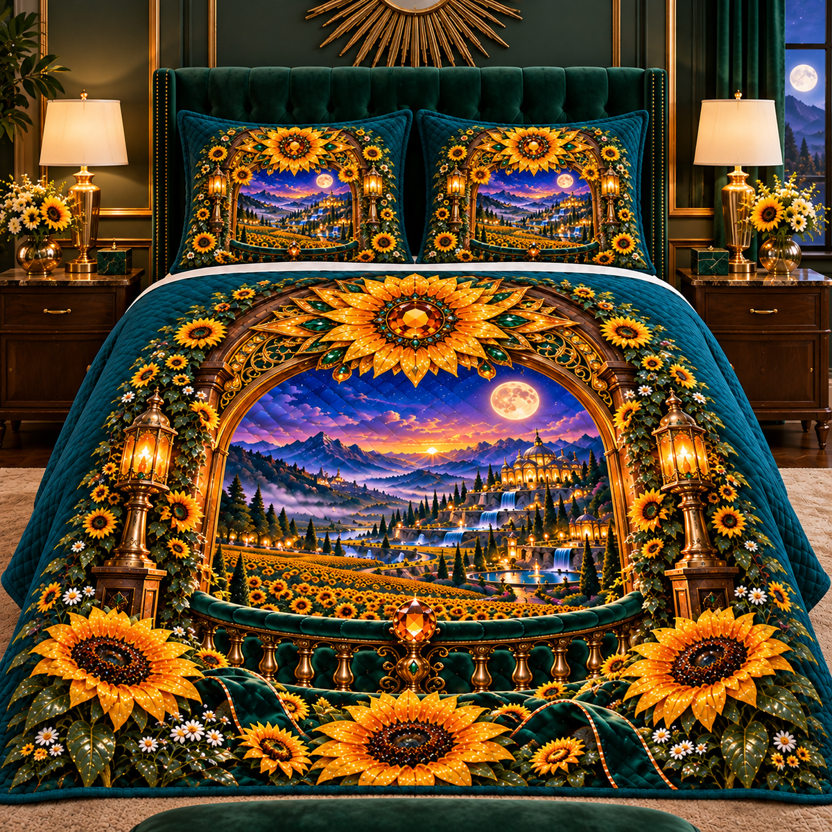 Sun Crown Grand Portal Quilted Bedding Set with printed optical 3D artwork in its use setting