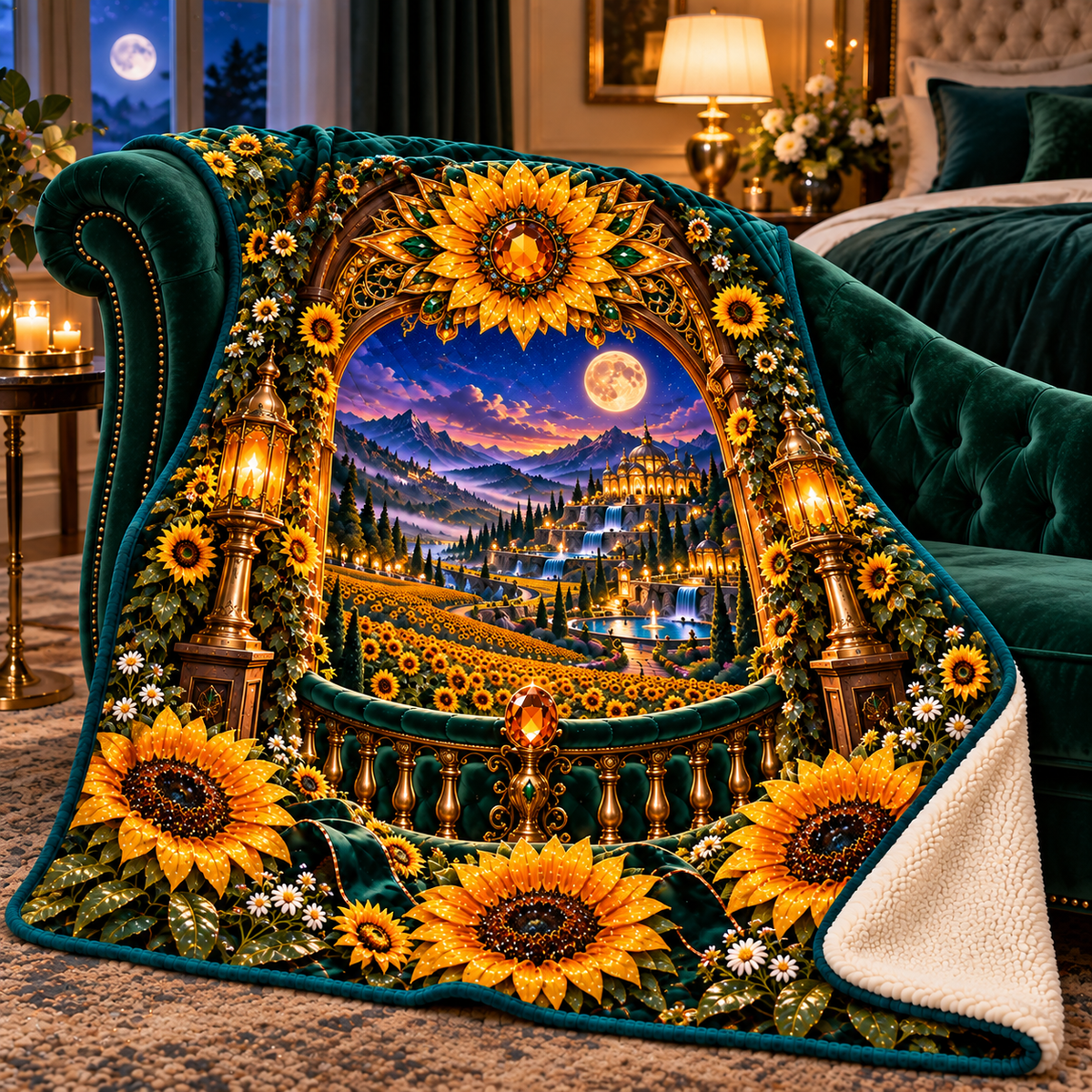 Sun Crown Grand Portal Sherpa & Fleece Blanket with printed optical 3D artwork in its use setting