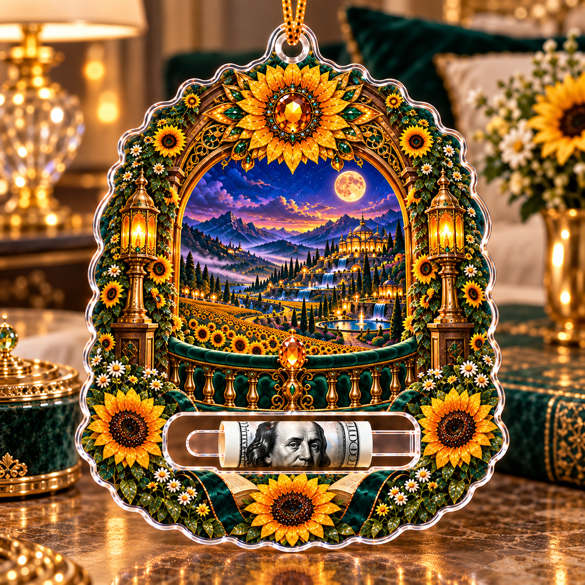 Sun Crown Grand Portal Acrylic Cash Holder Ornament with printed optical 3D artwork in its use setting