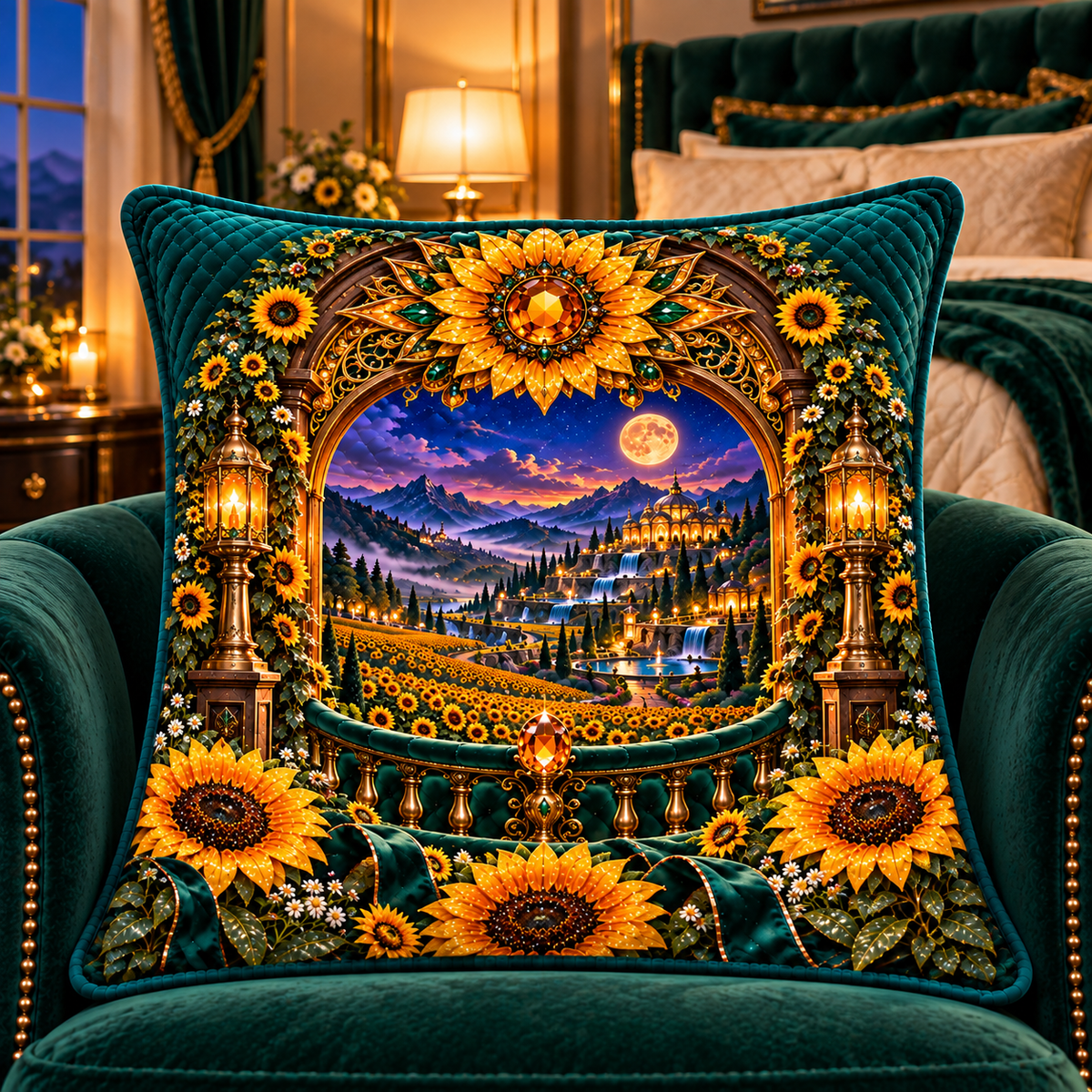 Sun Crown Grand Portal Quilted Cushion Cover with printed optical 3D artwork in its use setting