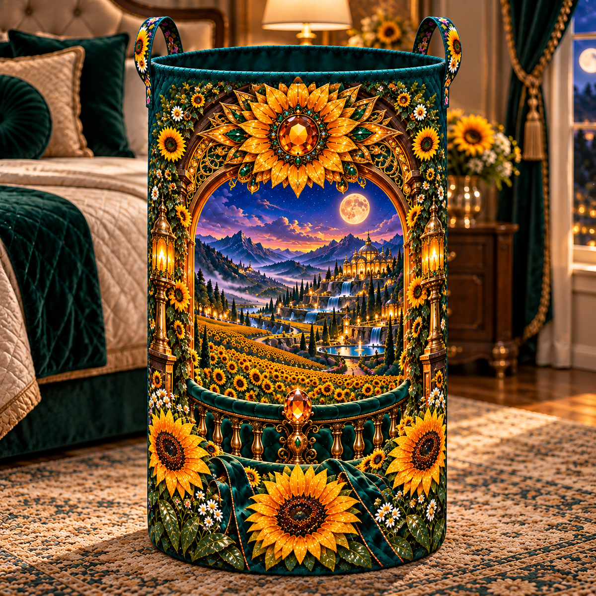 Sun Crown Grand Portal Laundry Hamper with printed optical 3D artwork in its use setting