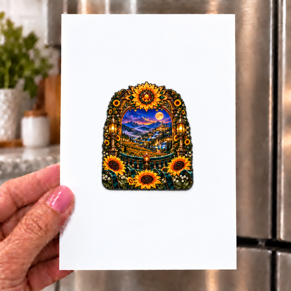 Sun Crown Grand Portal Acrylic Refrigerator Magnet with printed optical 3D artwork in its use setting