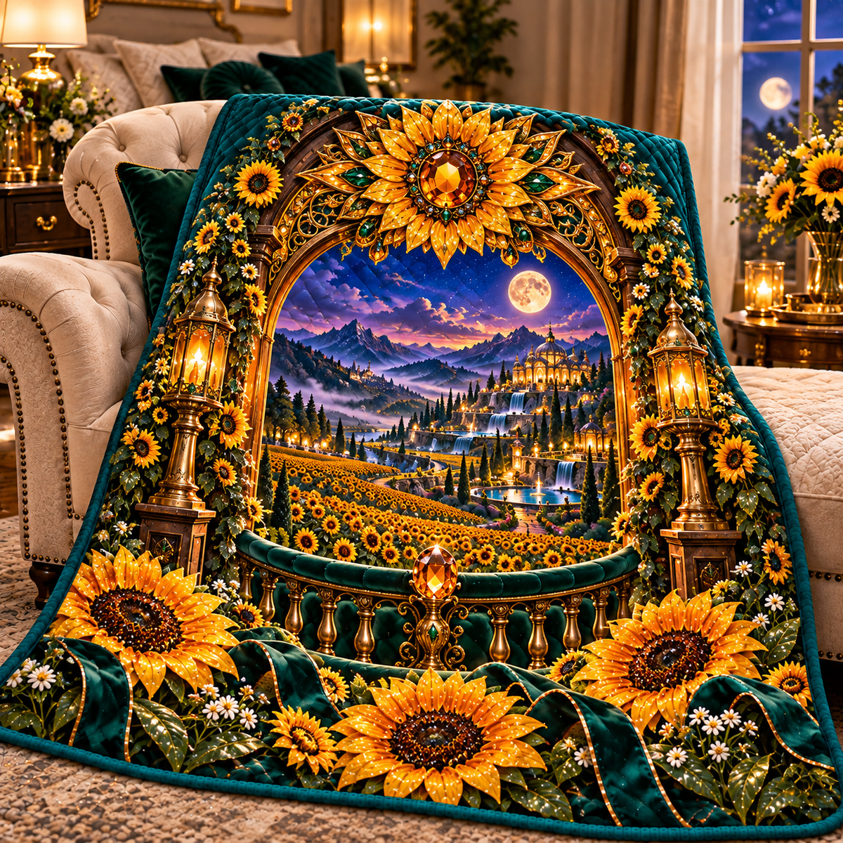Sun Crown Grand Portal Quilt Blanket with printed optical 3D artwork in its use setting