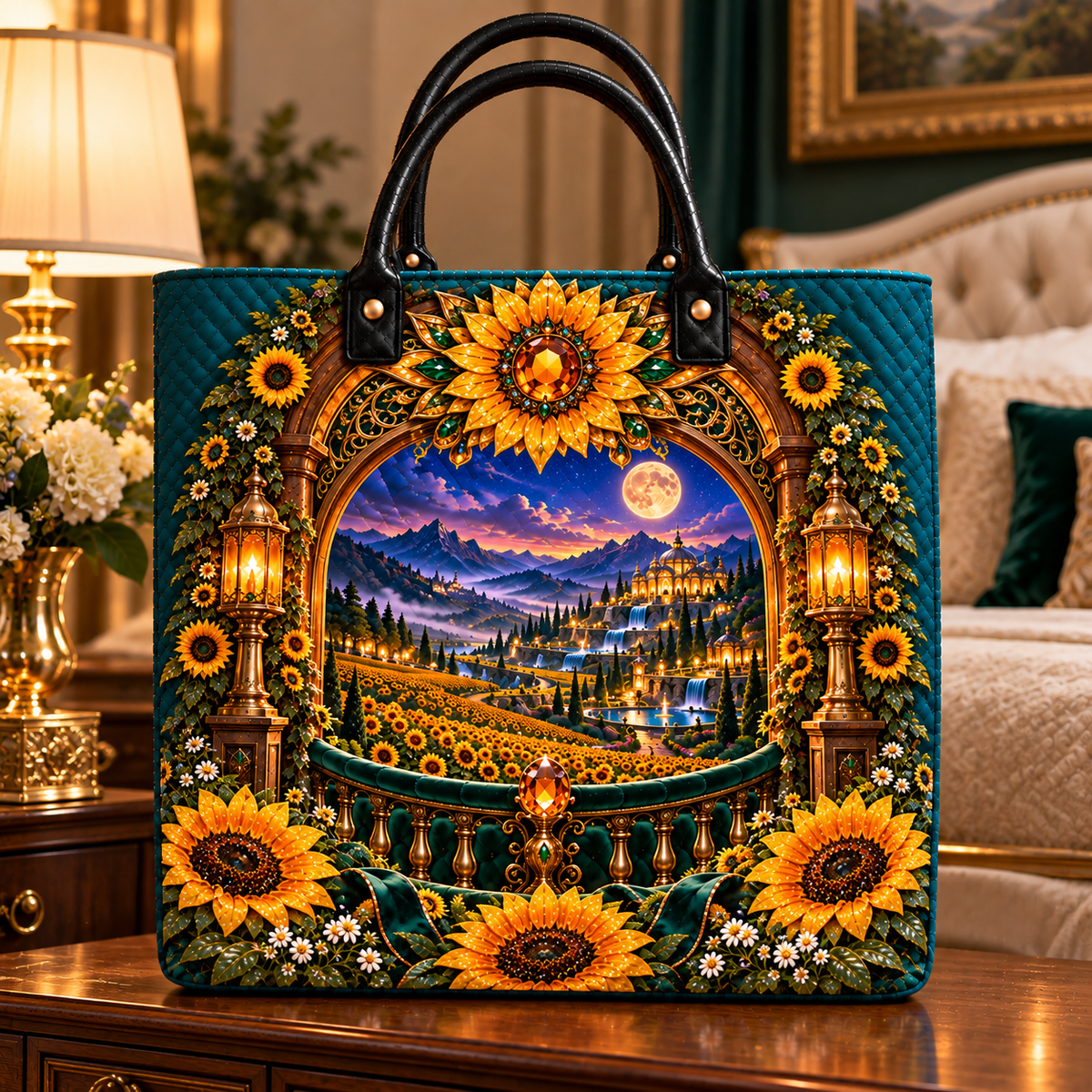 Sun Crown Grand Portal Quilted Tote Bag with printed optical 3D artwork in its use setting