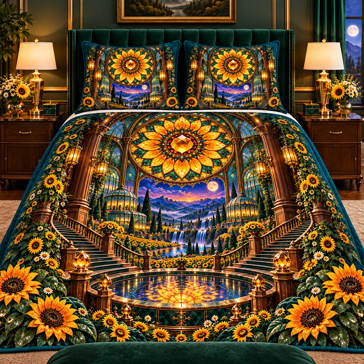 Sunflower Rose Conservatory Quilted Bedding Set with printed optical 3D artwork in its use setting
