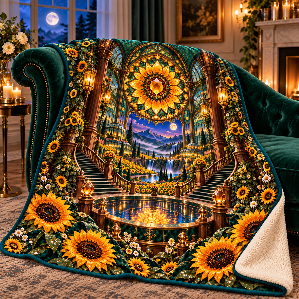 Sunflower Rose Conservatory Sherpa & Fleece Blanket with printed optical 3D artwork in its use setting