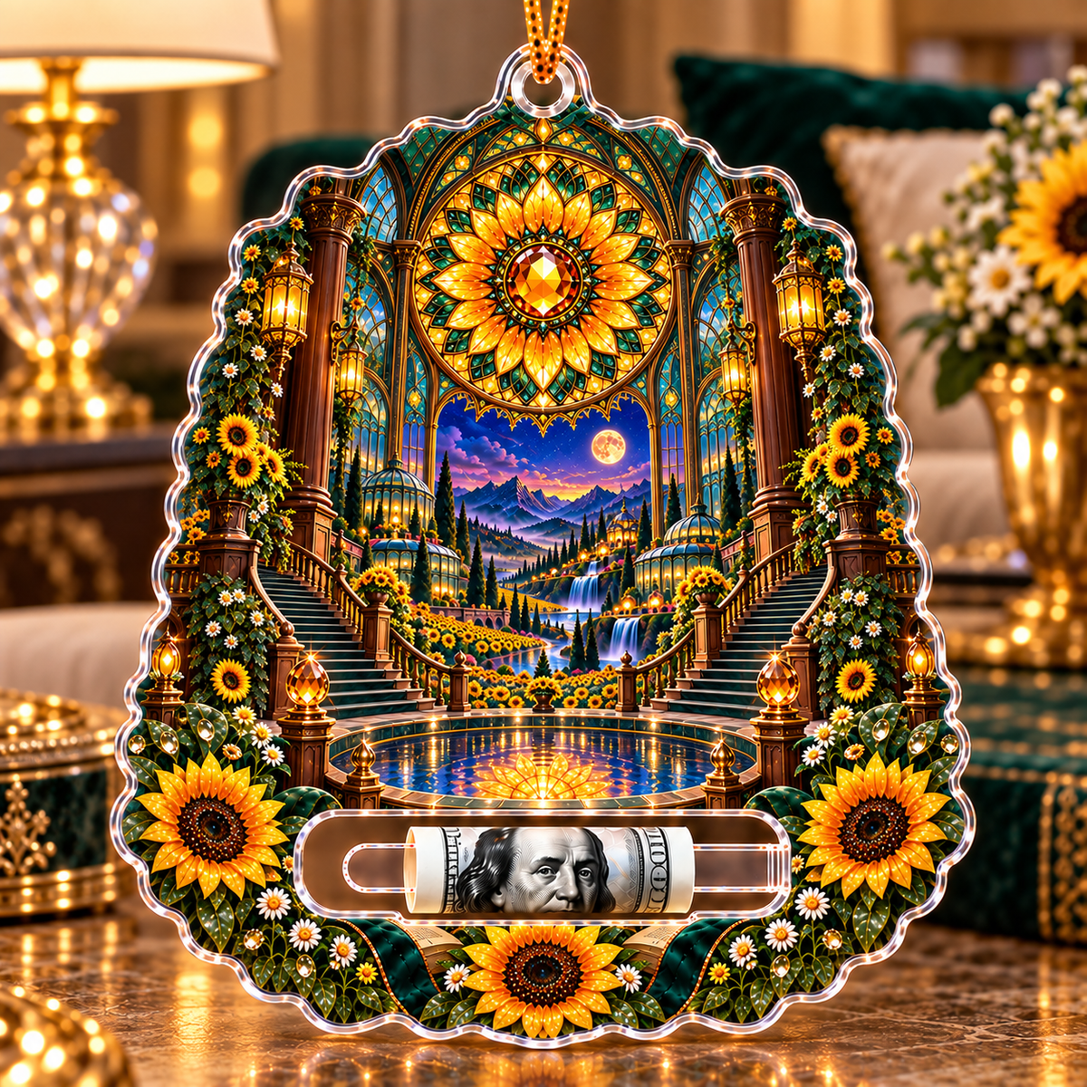 Sunflower Rose Conservatory Acrylic Cash Holder Ornament with printed optical 3D artwork in its use setting