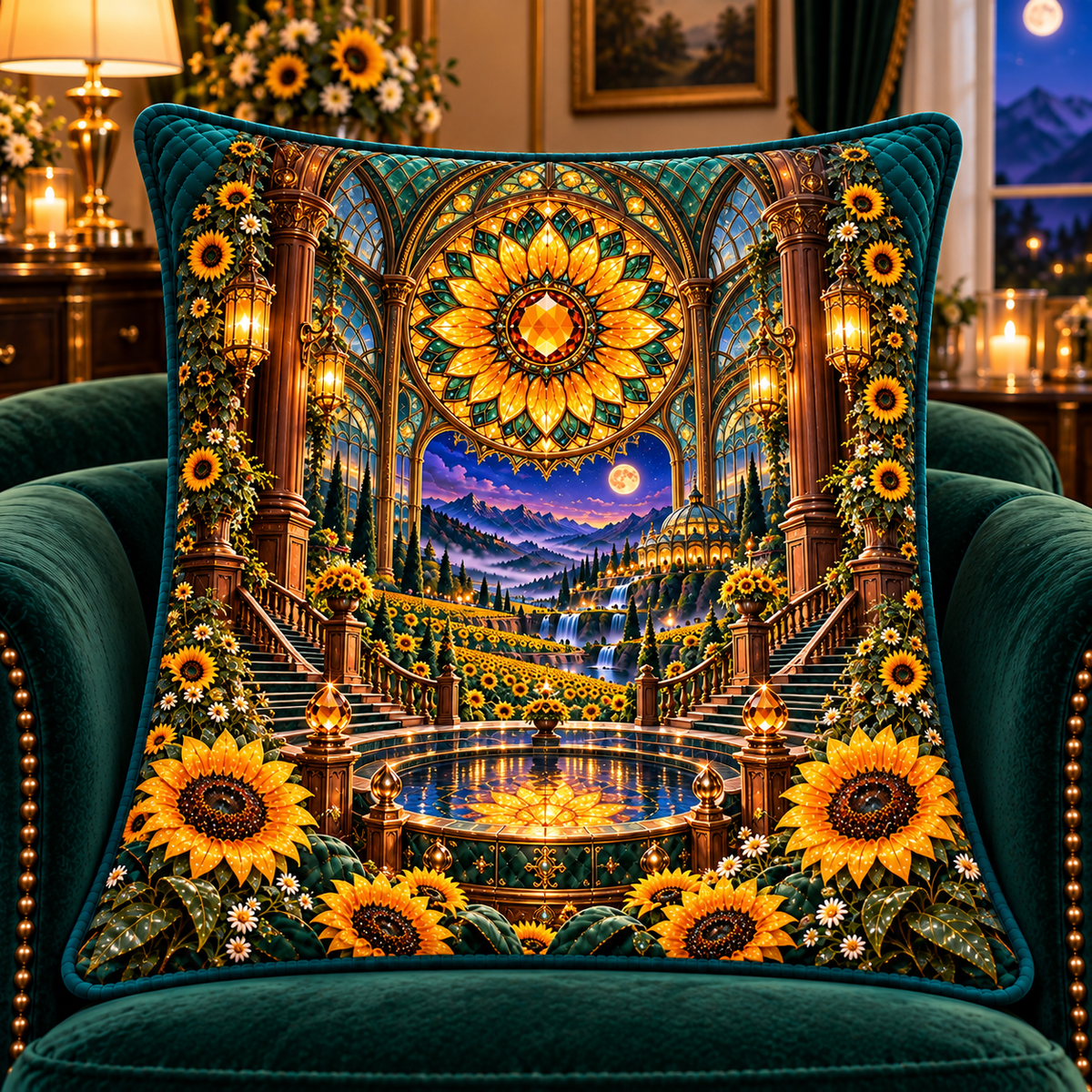 Sunflower Rose Conservatory Quilted Cushion Cover with printed optical 3D artwork in its use setting
