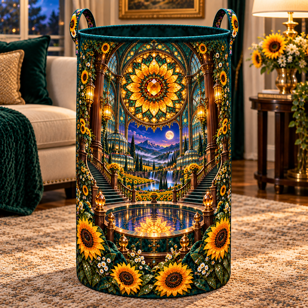 Sunflower Rose Conservatory Laundry Hamper with printed optical 3D artwork in its use setting
