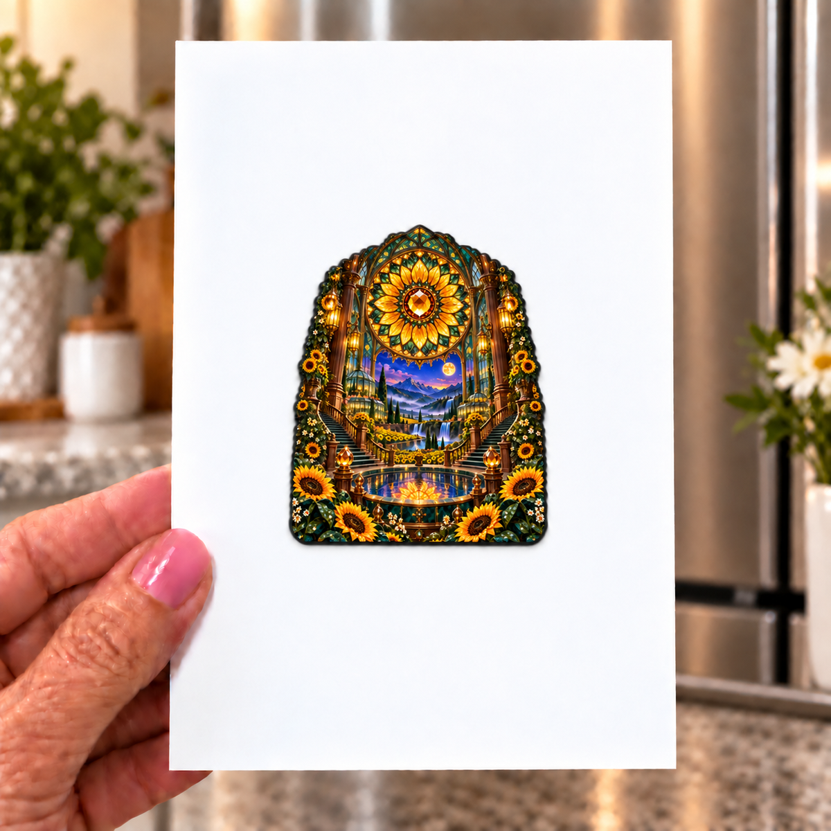 Sunflower Rose Conservatory Acrylic Refrigerator Magnet with printed optical 3D artwork in its use setting