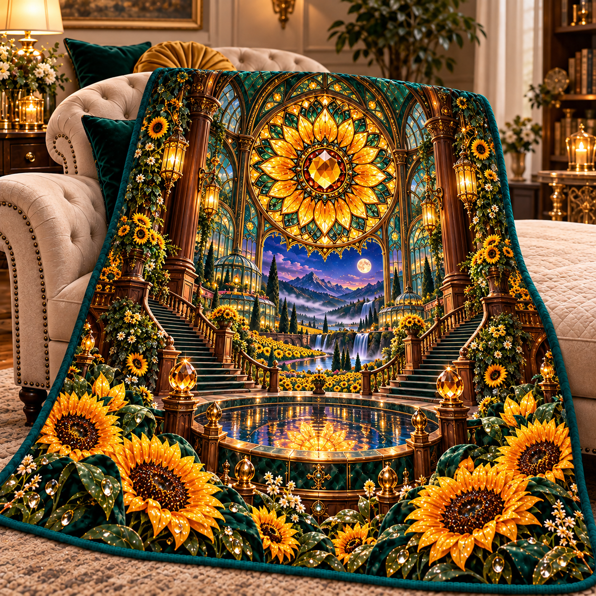 Sunflower Rose Conservatory Quilt Blanket with printed optical 3D artwork in its use setting
