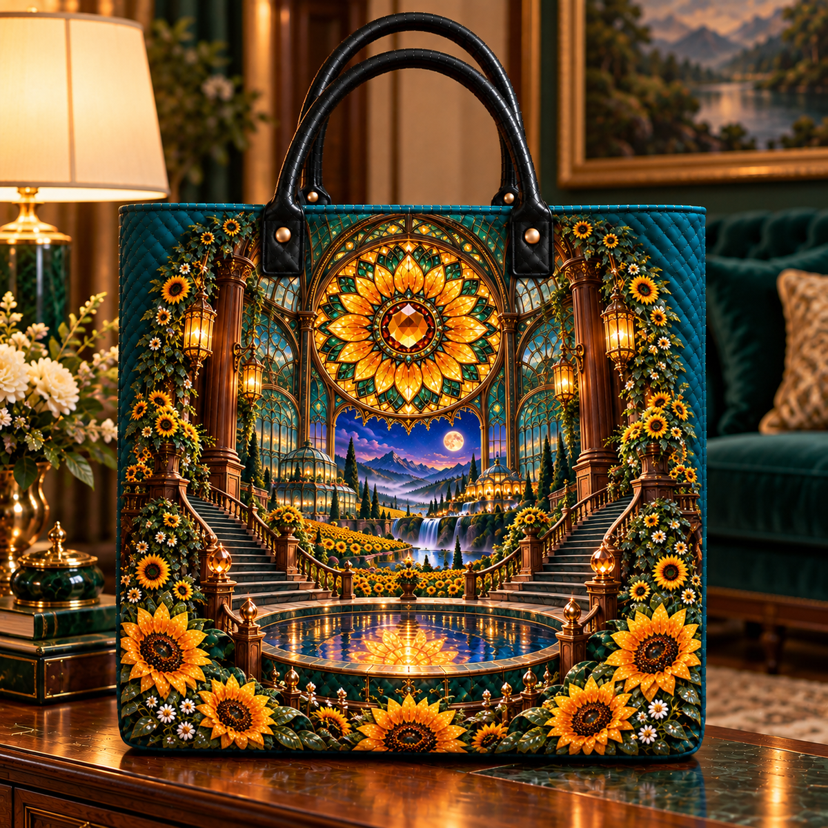 Sunflower Rose Conservatory Quilted Tote Bag with printed optical 3D artwork in its use setting