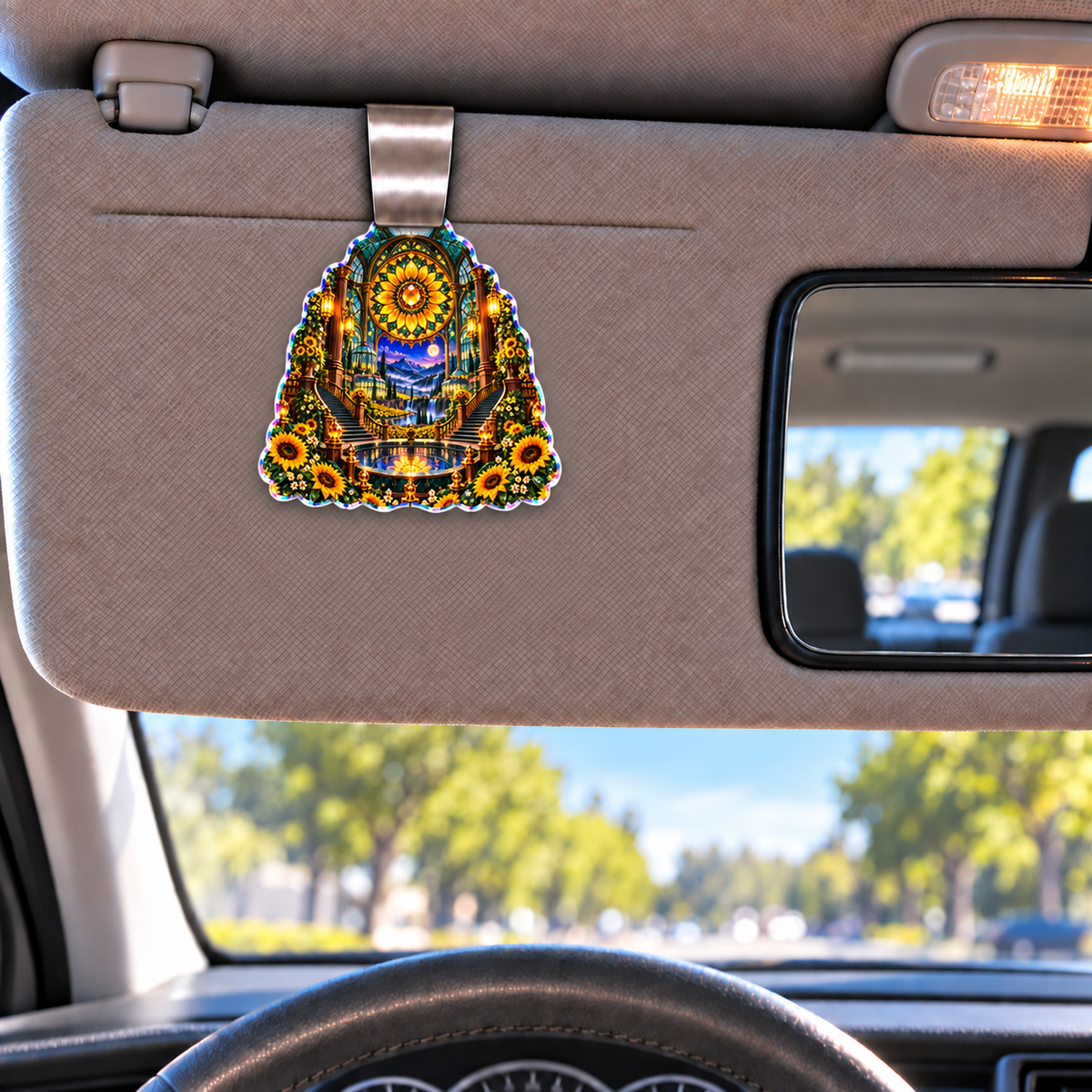 Sunflower Rose Conservatory Holographic Car Visor Clip with printed optical 3D artwork in its use setting