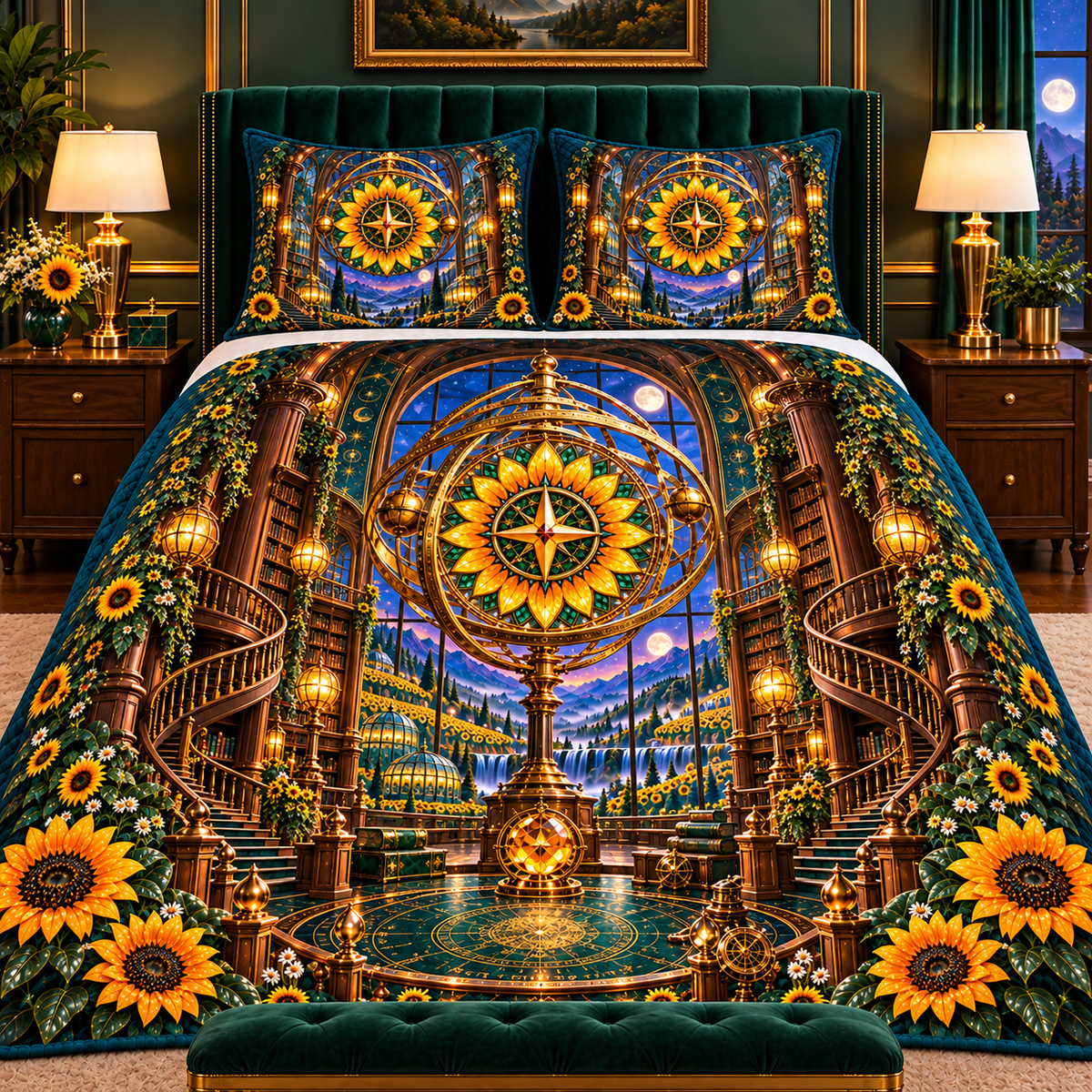 Sunflower Atlas Observatory Quilted Bedding Set with printed optical 3D artwork in its use setting
