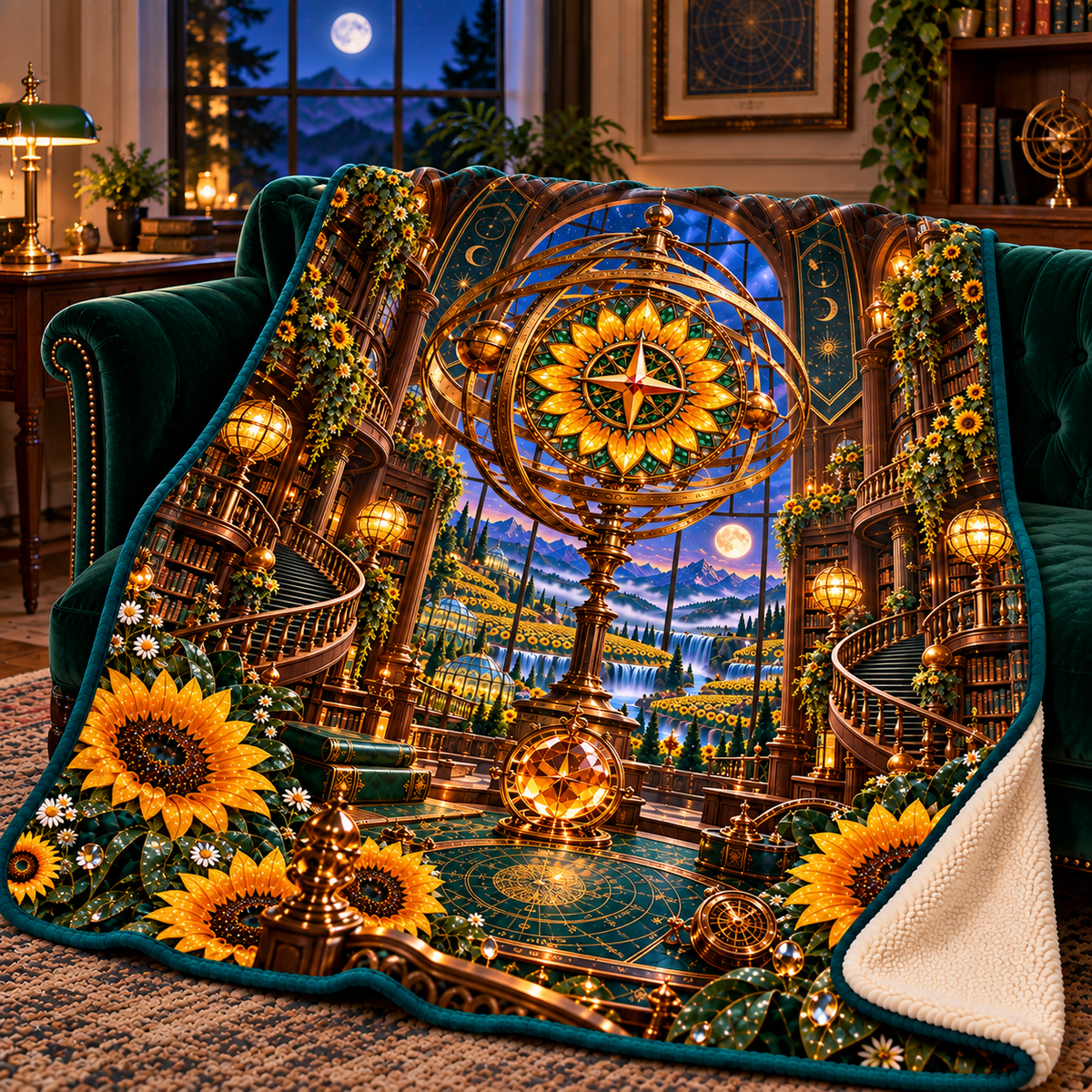 Sunflower Atlas Observatory Sherpa & Fleece Blanket with printed optical 3D artwork in its use setting
