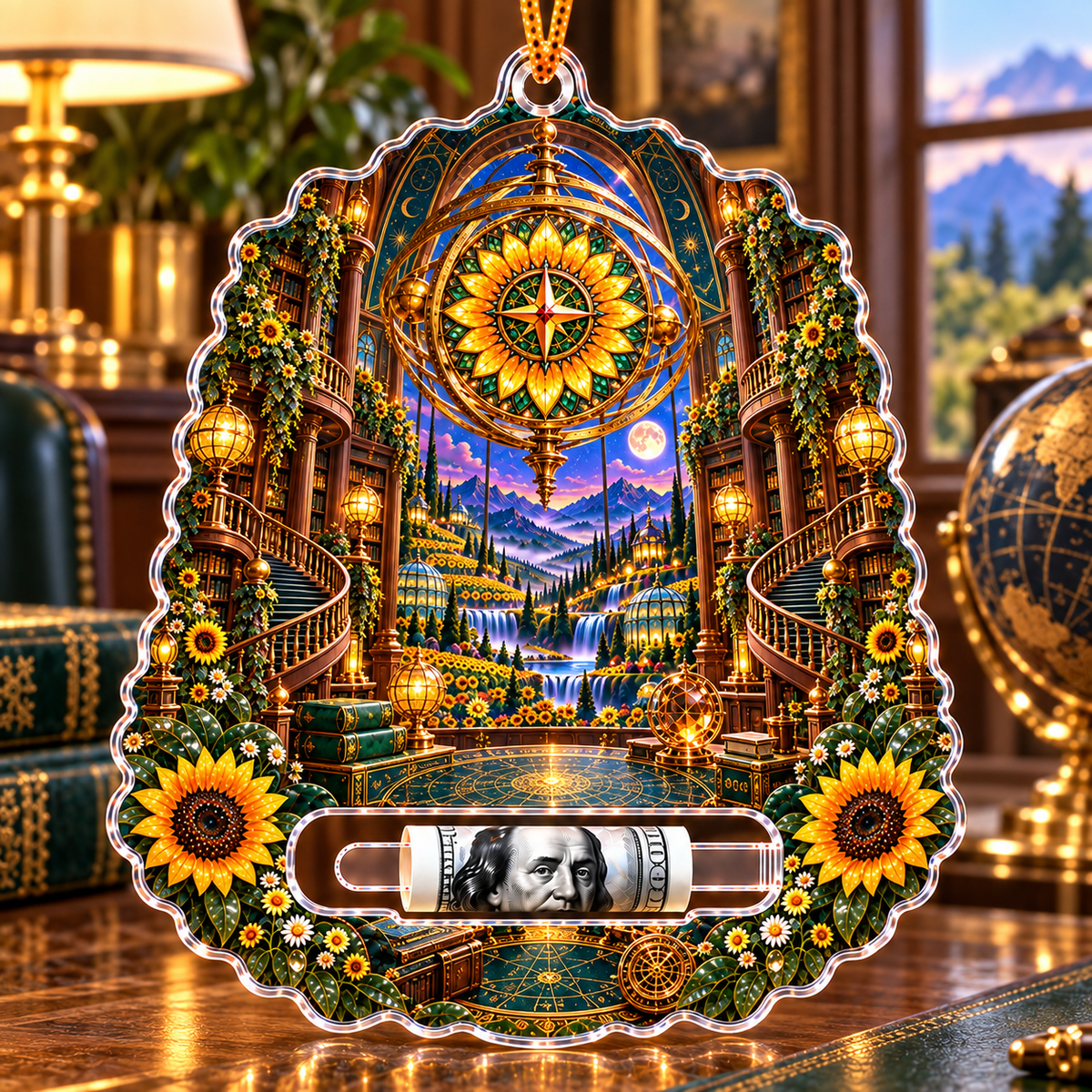 Sunflower Atlas Observatory Acrylic Cash Holder Ornament with printed optical 3D artwork in its use setting