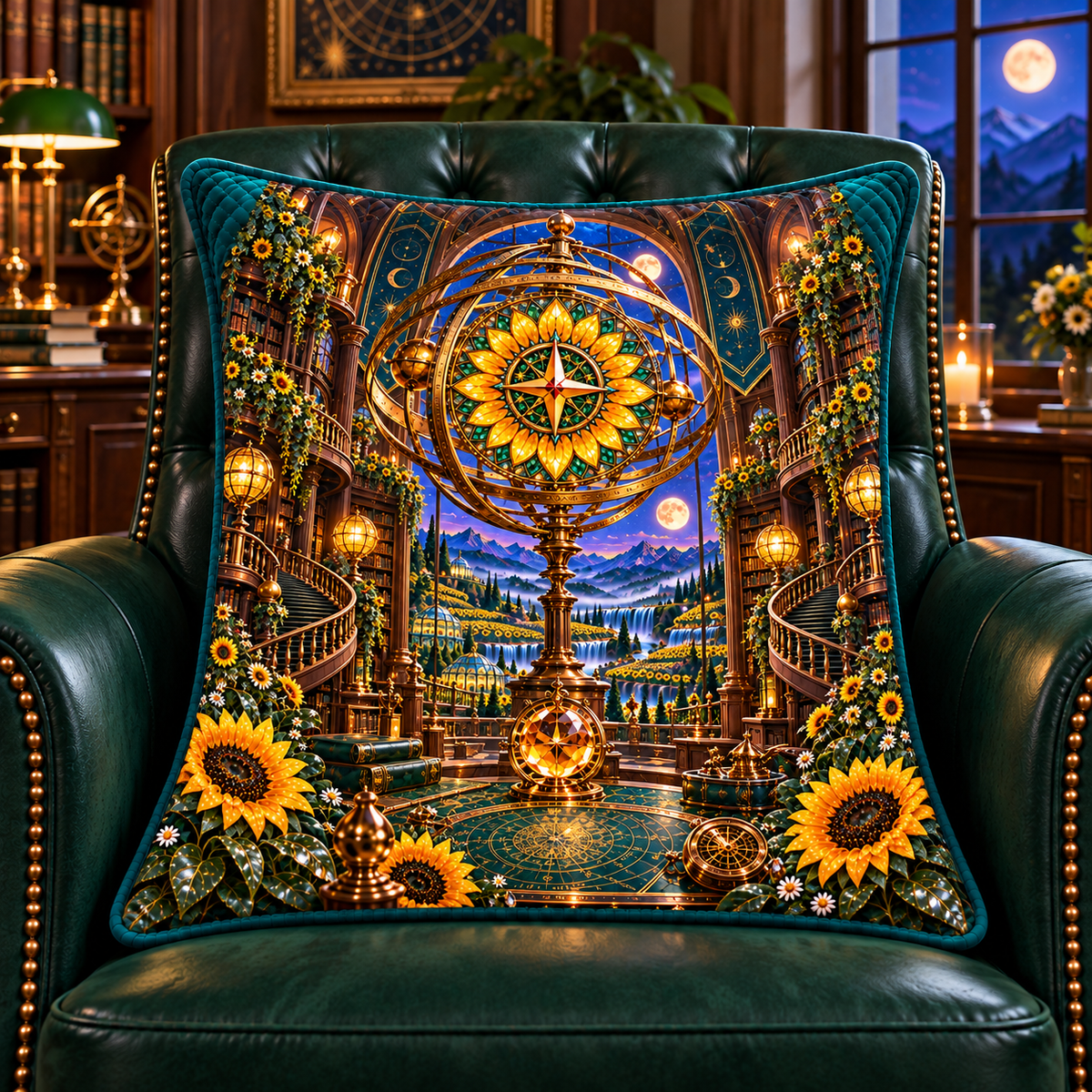 Sunflower Atlas Observatory Quilted Cushion Cover with printed optical 3D artwork in its use setting